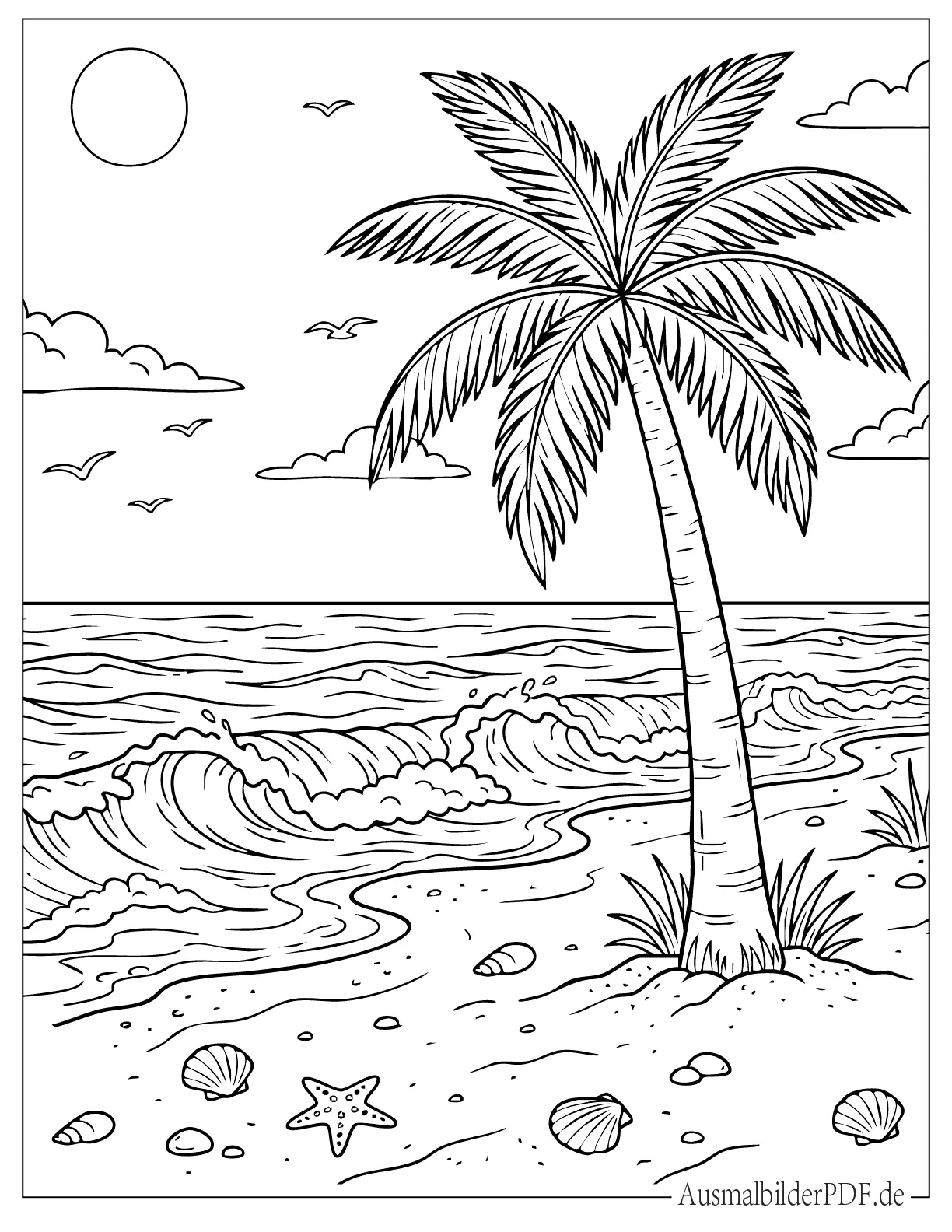 Realistische Palme am Strand mit Meereswellen Malvorlage