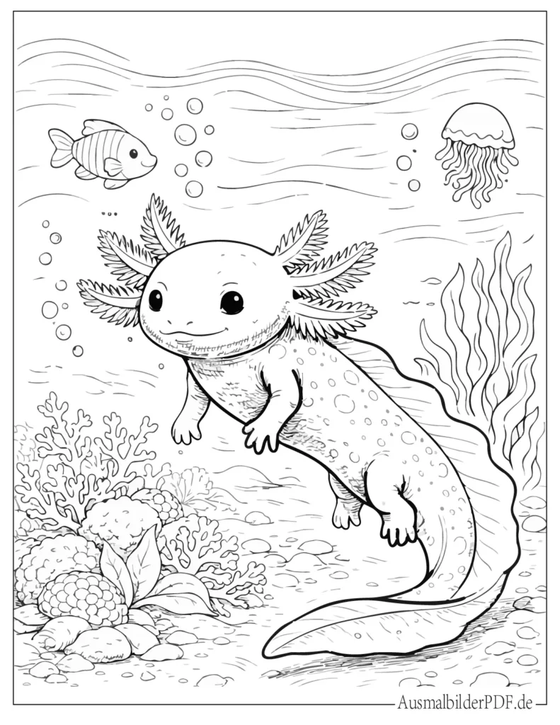 Druckvorlage eines realistischen Axolotls unter dem Meer, ideal für Kinder zum Ausdrucken und Ausmalen zuhause