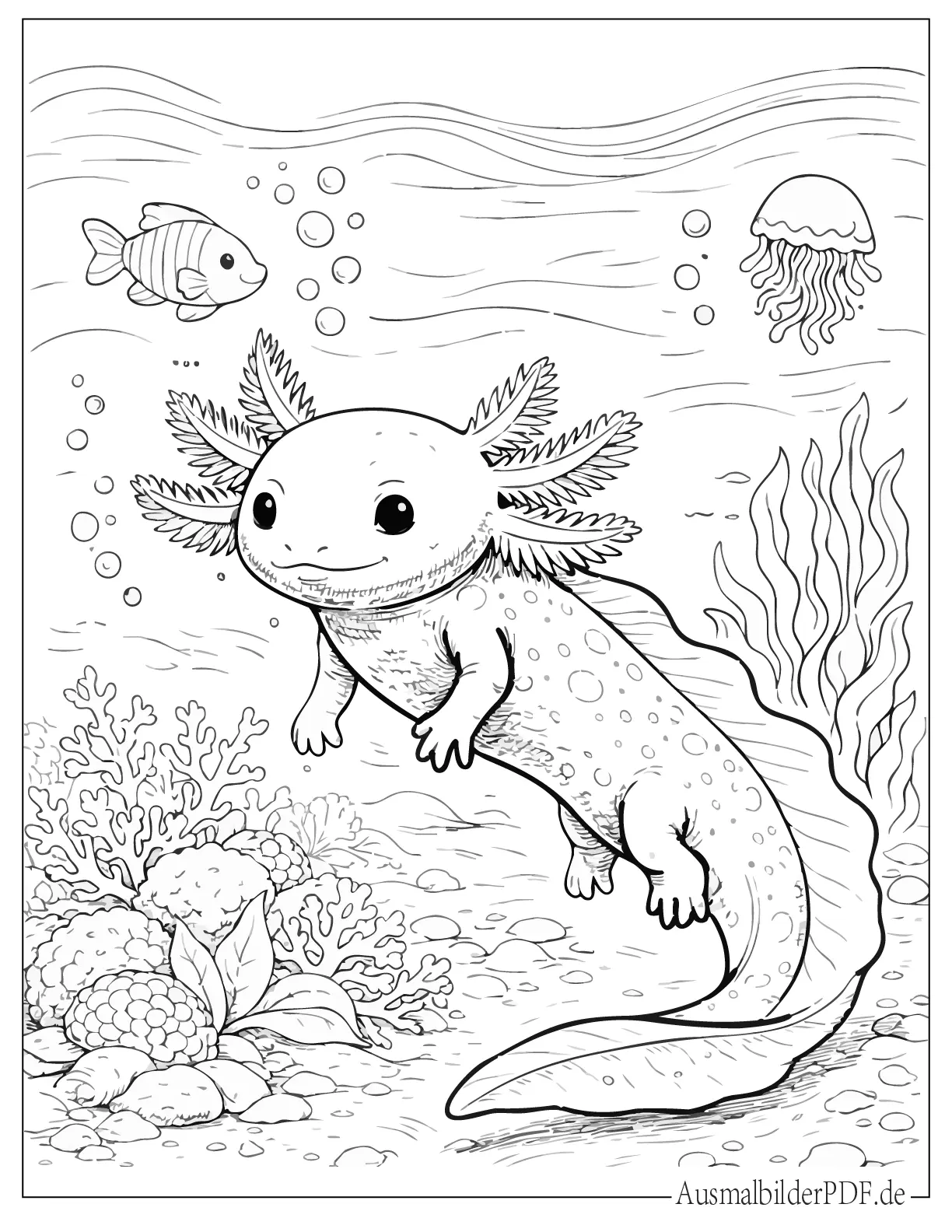 Realistischer Axolotl unter dem Meer zum Ausmalen