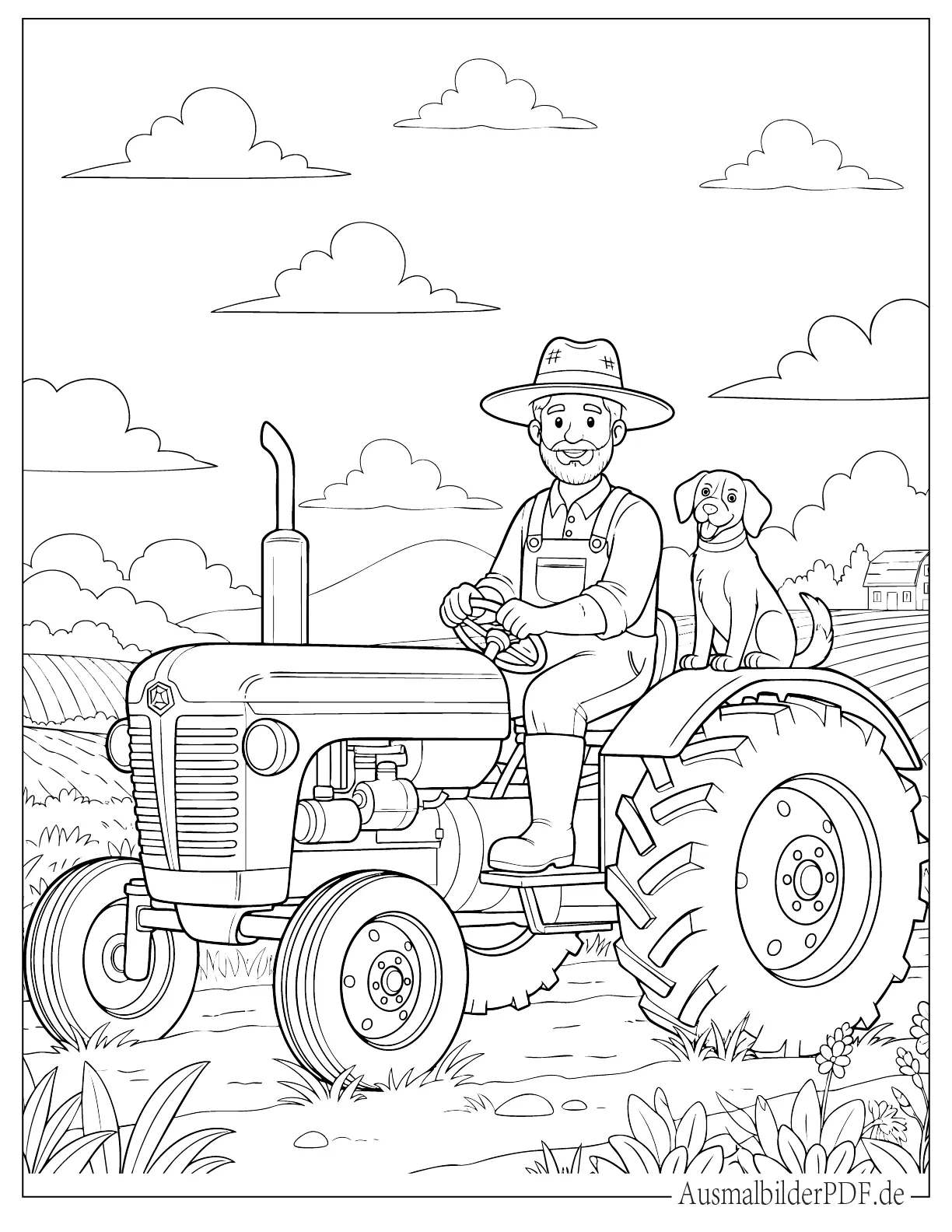Realistischer Bauer Hund Traktor Ausmalvorlage