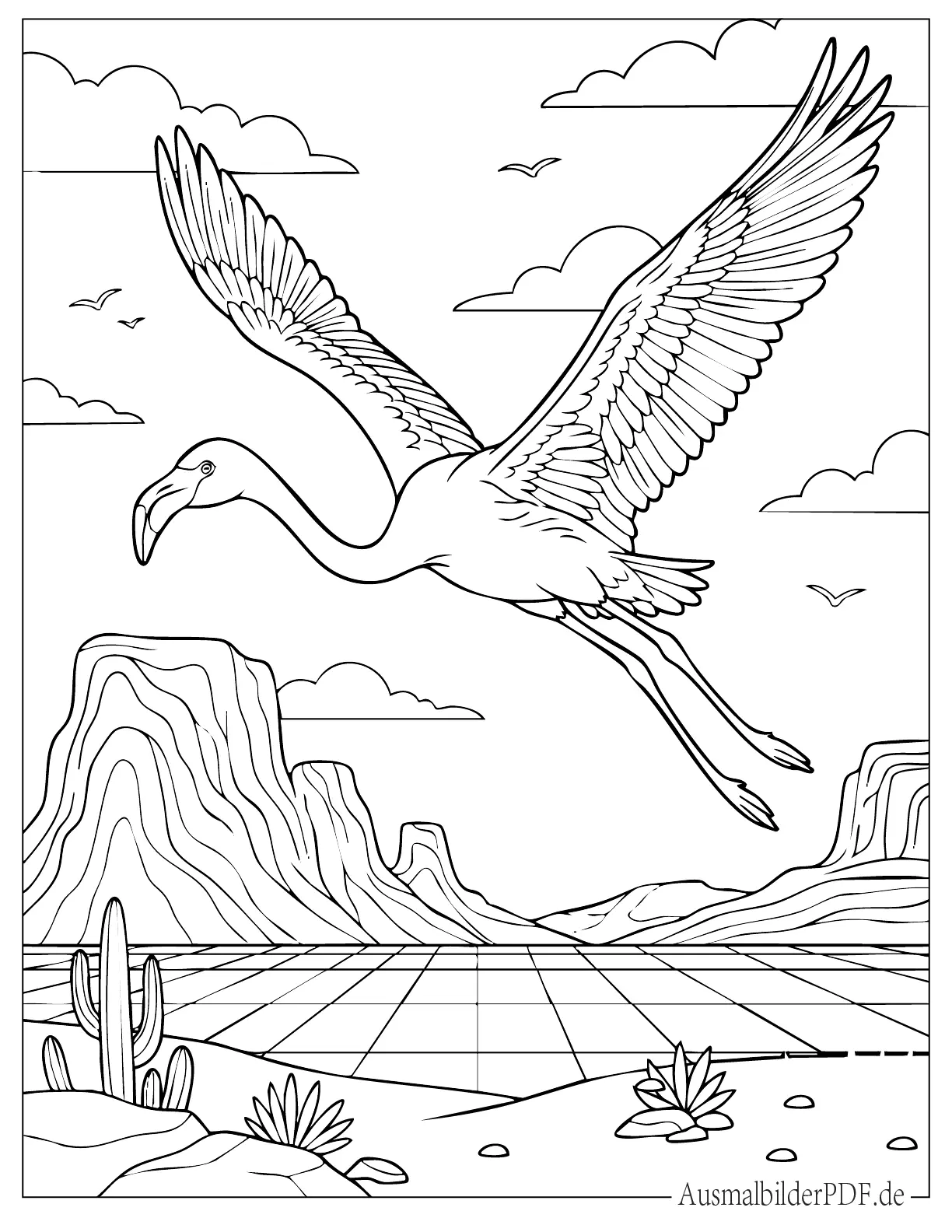 Realistischer Flamingo fliegt mit weit ausgebreiteten Flügeln Ausmalbild