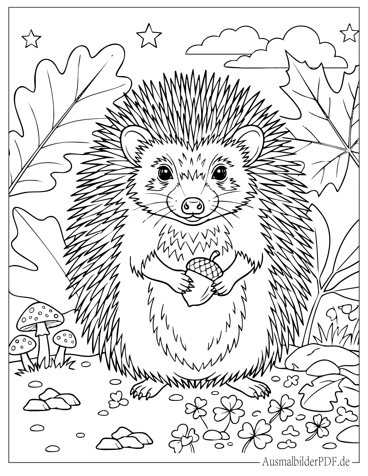 26 Ausmalbilder Igel (Kostenlose Druckvorlagen zum Download) Realistisches Igel Ausmalbild mit einer Eichel in den Händen