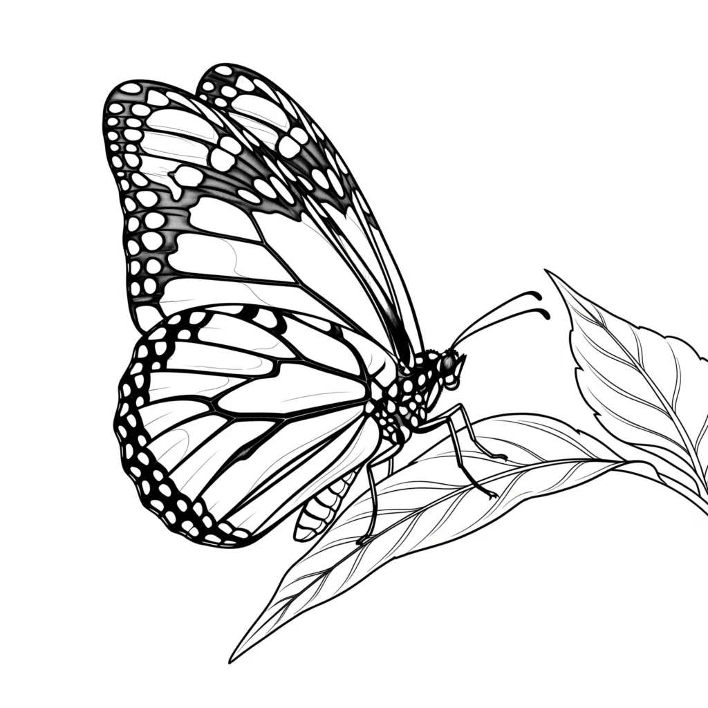 30+ Schmetterling Ausmalbilder (Gratis Malvorlage zum drucken) Ein naturgetreues Ausmalbild eines Monarch-Schmetterlings mit detaillierten Flügelmustern, perfekt für Kinder und Erwachsene zum Ausmalen.