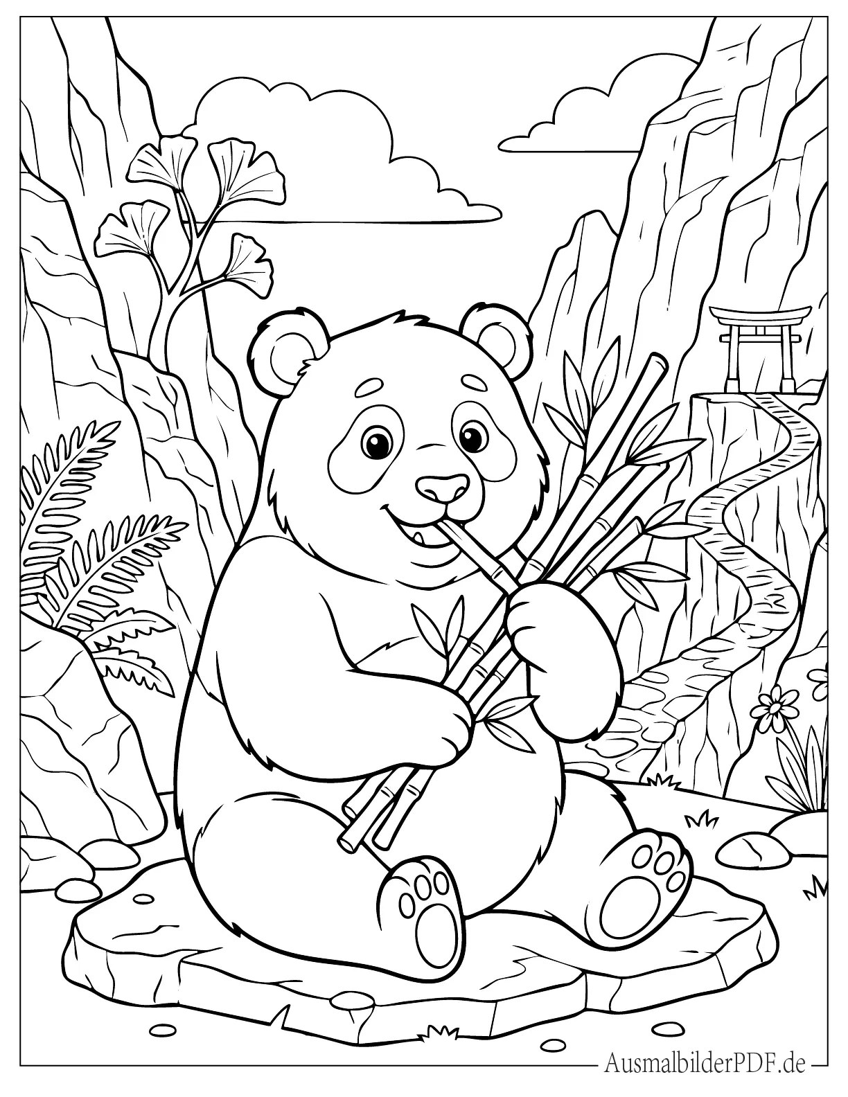 Realistischer Pandabär isst Bambus Ausmalbild