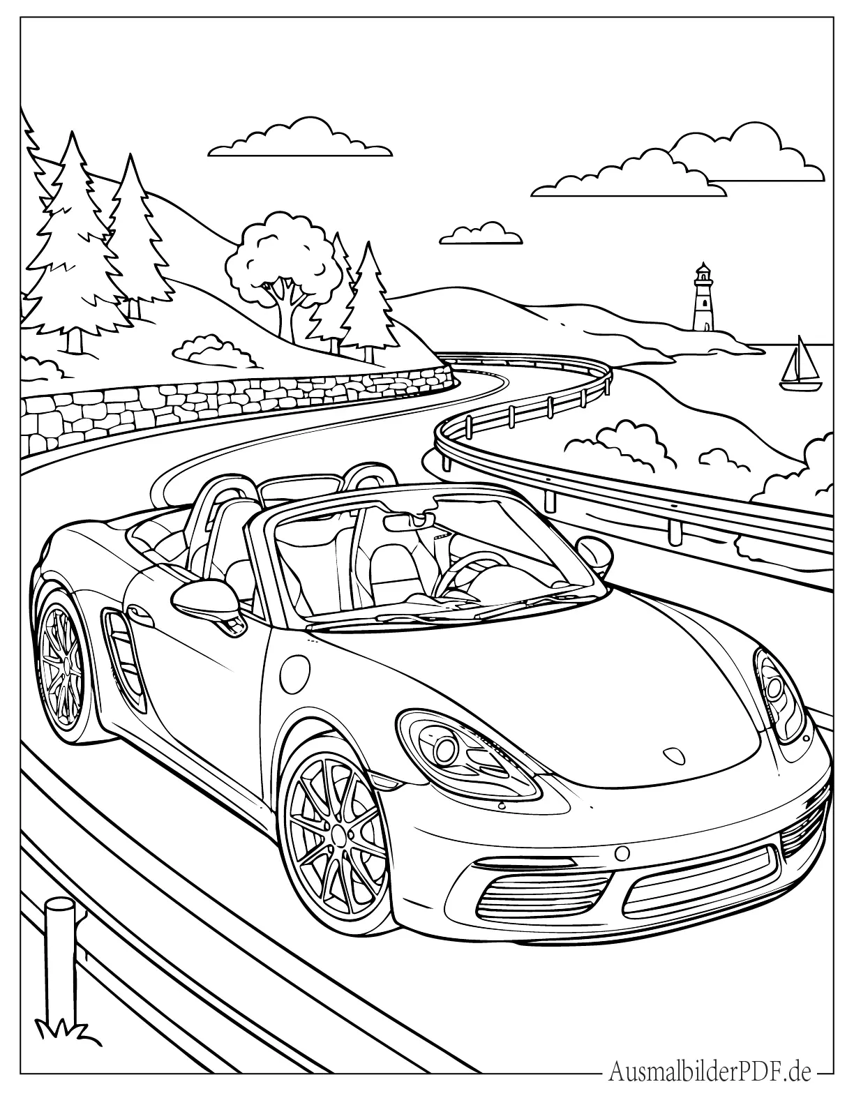 Realistischer 2021 Porsche Boxster geparkt auf Bergstraße Ausmalbild