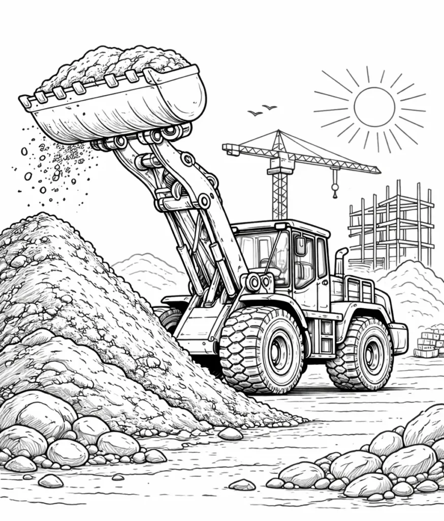 Realistisches Radlader Vorlage mit detaillierten Formen, ideal zum Ausdrucken und Ausmalen für Kinder und Erwachsene