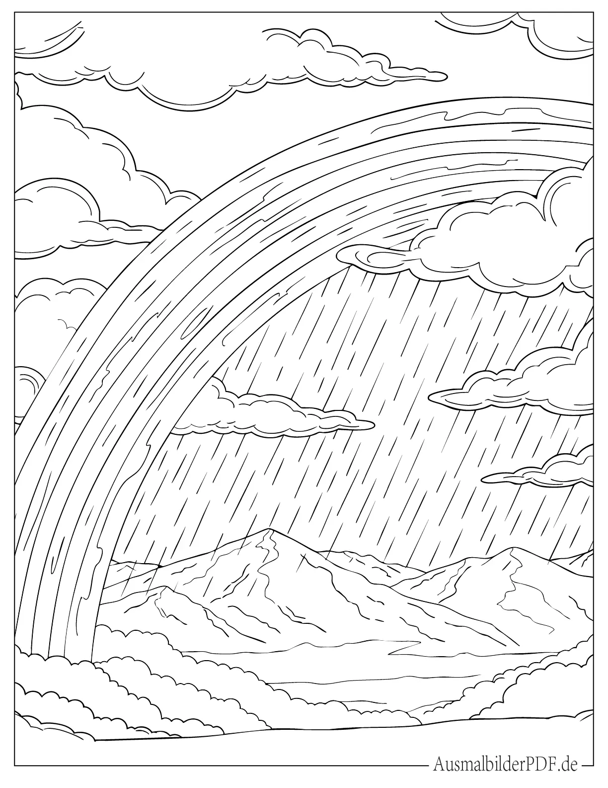 20 Regenbogen Ausmalbilder (Gratis Malvorlagen zum drucken) Realistischer regnerischer Regenbogen mit Wolken Ausmalbild