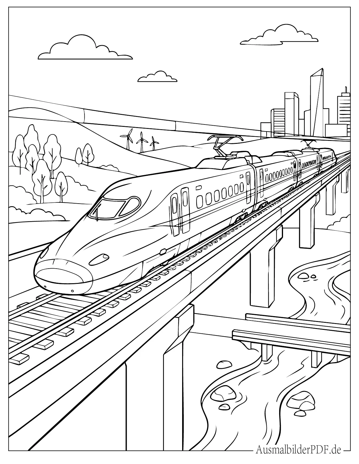 10+ Kostenlos Eisenbahn und Zug Ausmalbilder zum Ausdrucken) Realistischer Hochgeschwindigkeitszug fährt über eine Brücke Ausmalbild