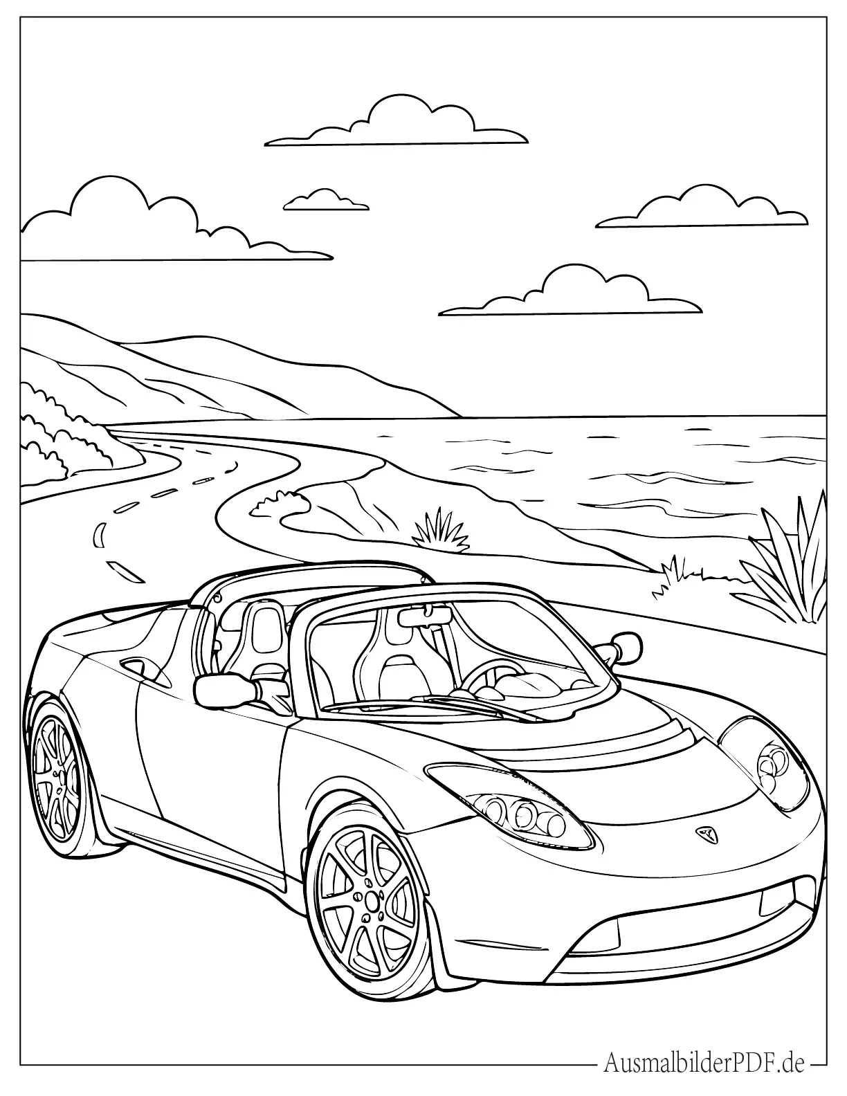 Realistischer Cabrio Tesla Roadster auf einer Küstenstraße am Meer Ausmalbild