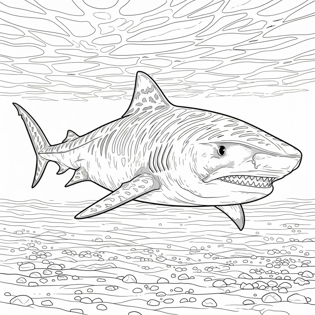 10+ Hai Ausmalbilder (Kostenlos Malvorlage zum Ausdrucken) Realistisches Tigerhai Ausmalbild kostenlos zum Ausdrucken für Kinder und Erwachsene