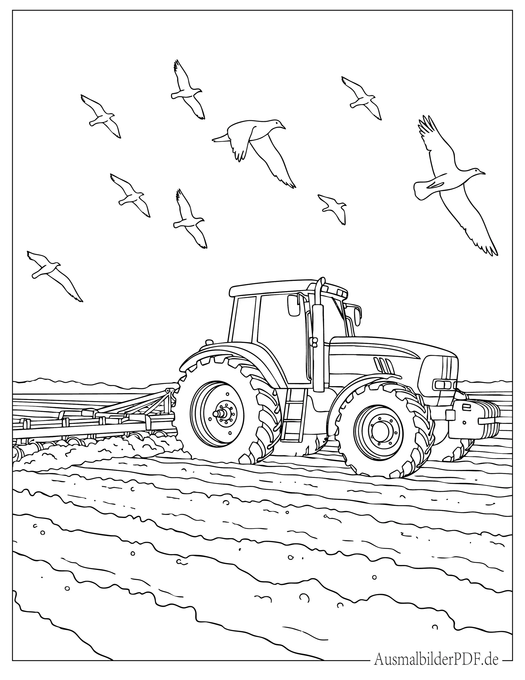Realistischer Traktor pflügt ein Feld Ausmalbild zum Ausdrucken