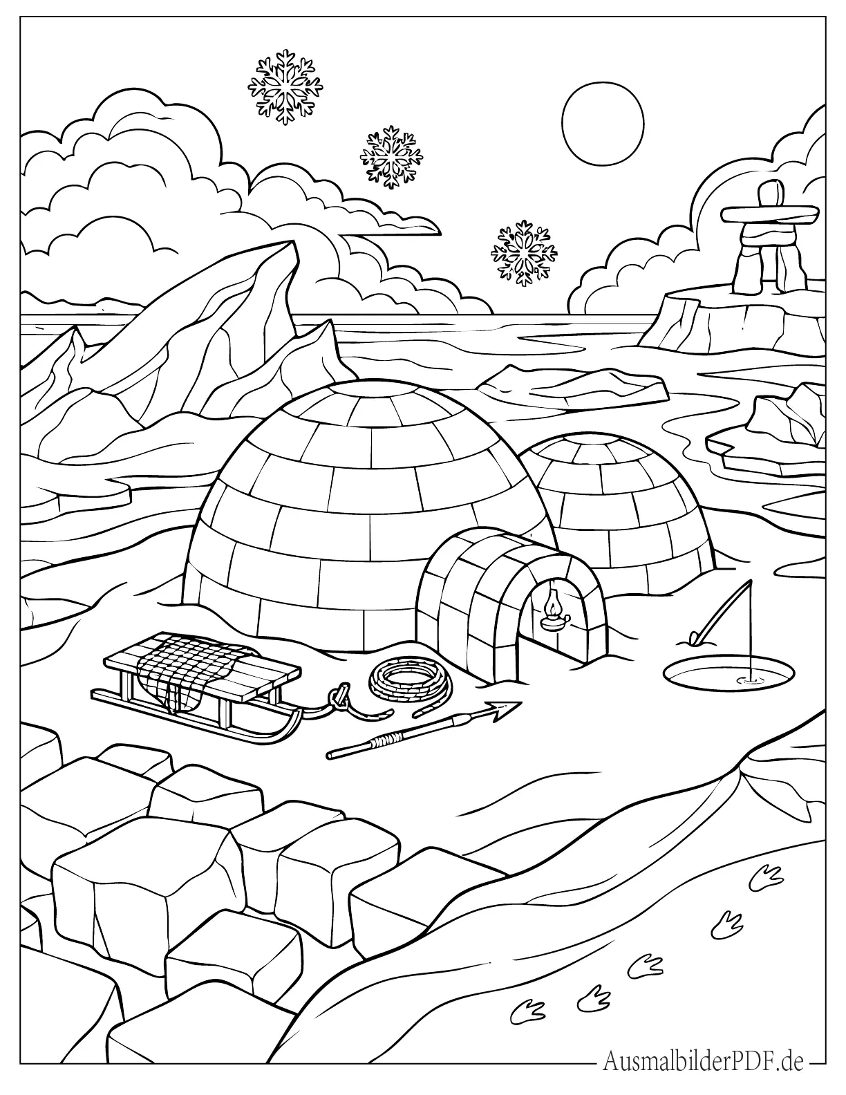 Realistisches Iglu im Schnee mit Schneeflocken zum Ausmalen