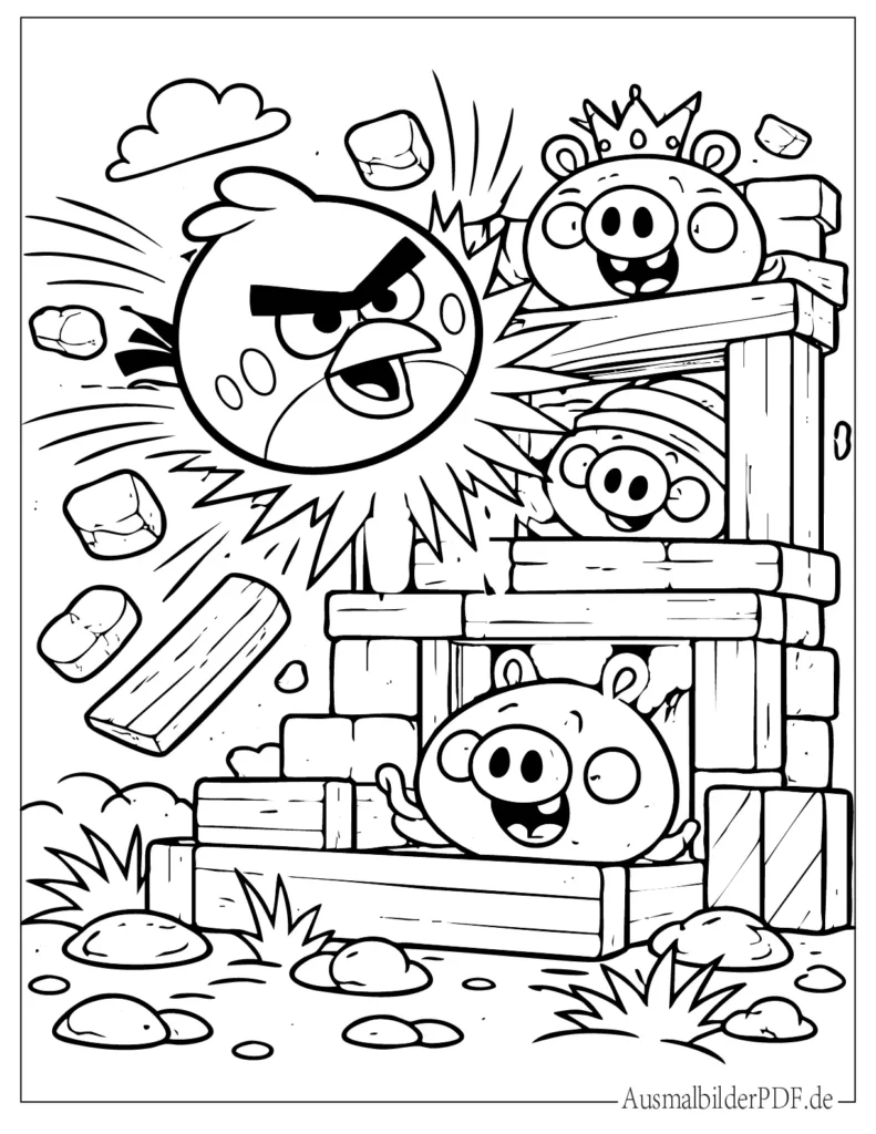 Ausmalblatt von Red Angry Bird, der eine Schweine-Festung zerstört, perfekt für Kinder zum Ausmalen