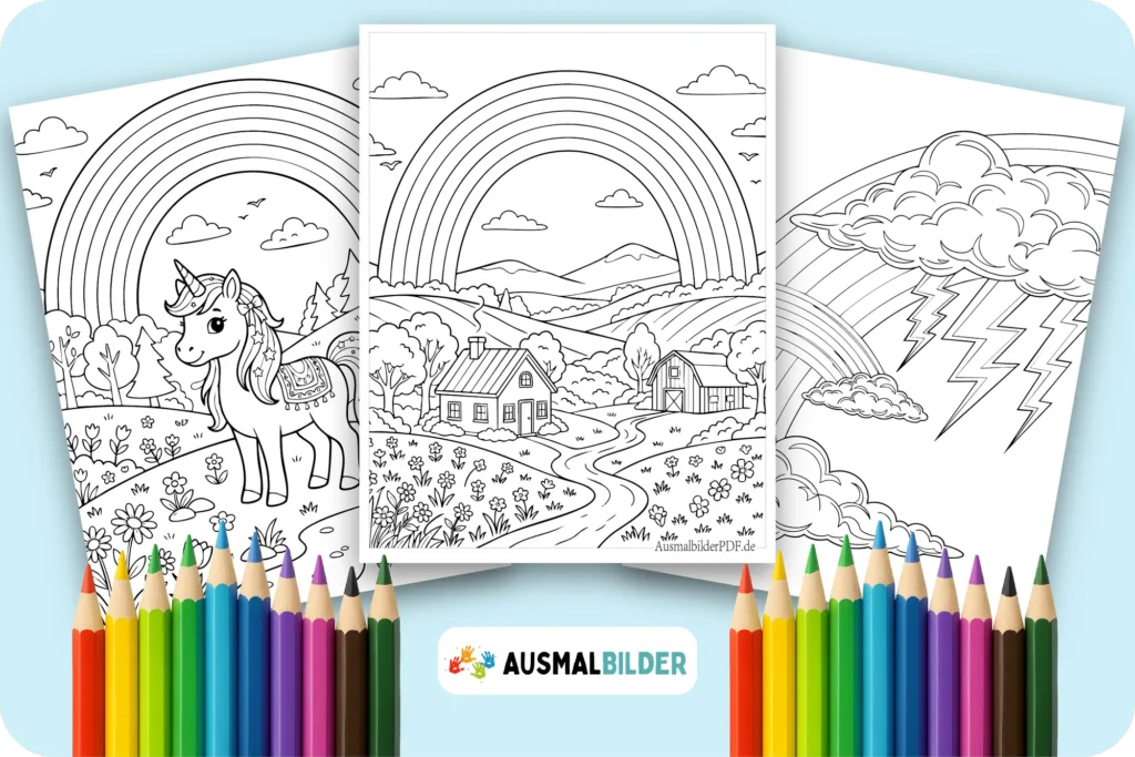 Regenbogen Ausmalbilder zum Ausdrucken bunte Malvorlagen mit Regenbogen Motiven für Kinder