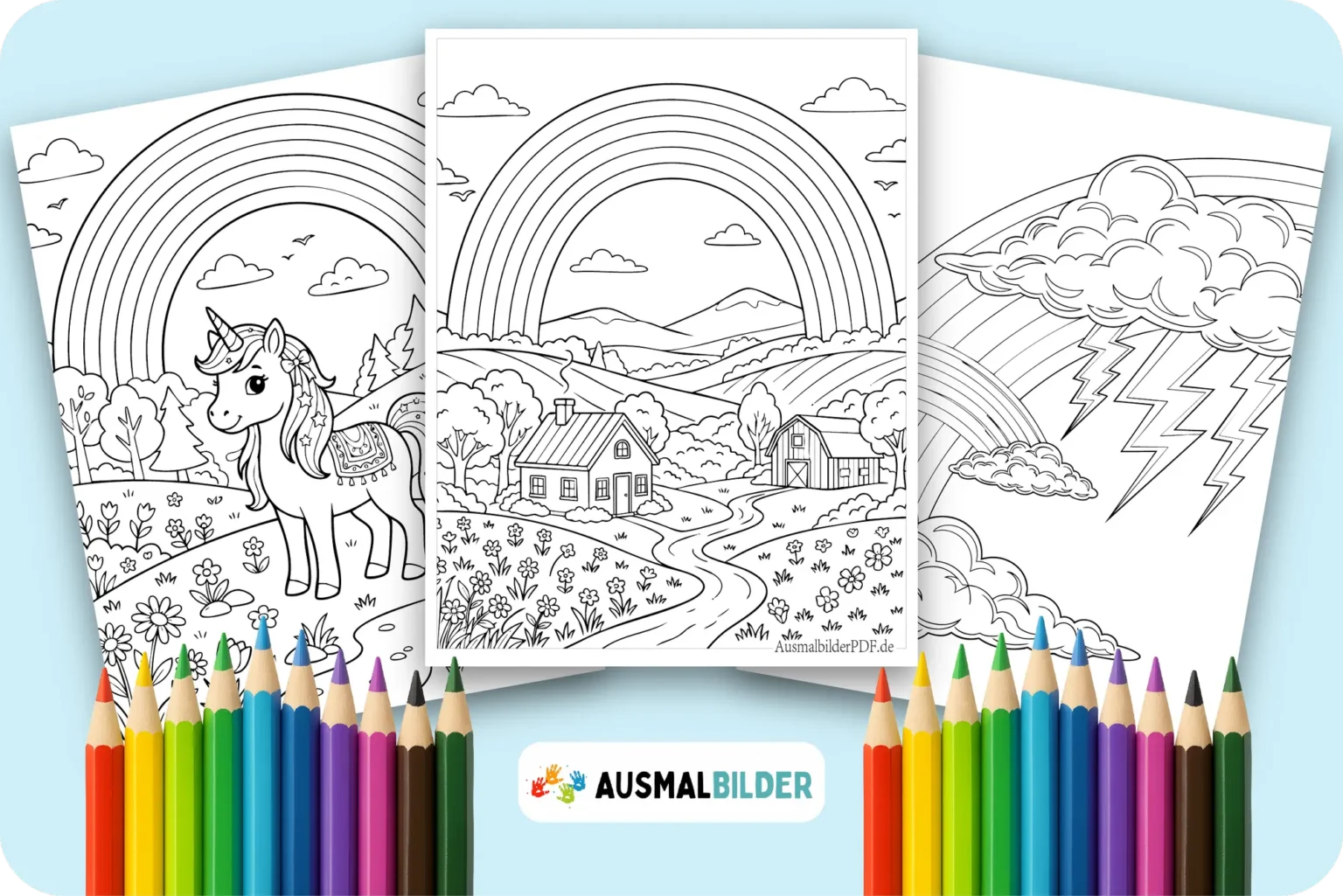 Regenbogen Ausmalbilder zum Ausdrucken bunte Malvorlagen mit Regenbogen Motiven für Kinder