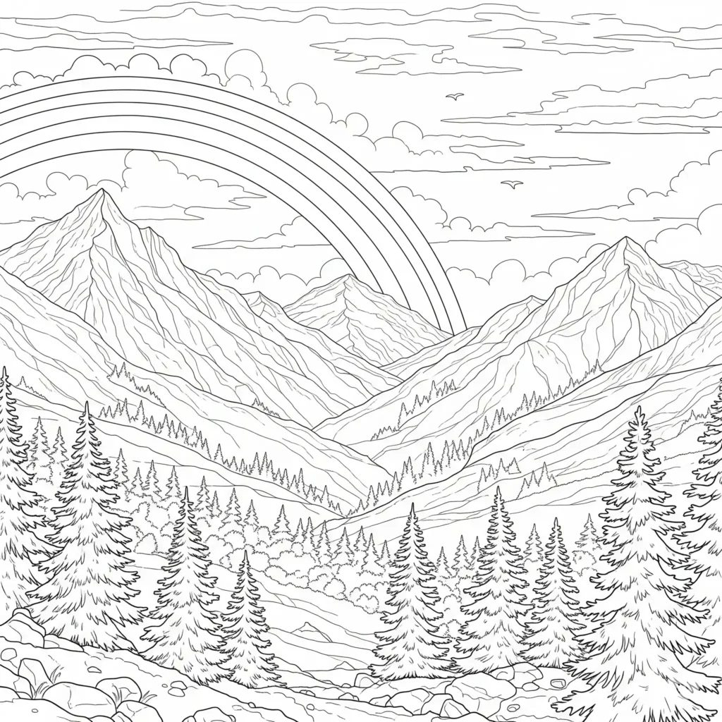 Ein weiter Regenbogen spannt sich über eine Berglandschaft mit Hügeln und Bäumen – ruhiges Ausmalbild zum Ausdrucken für Kinder oder Erwachsene