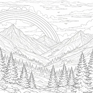 Ein weiter Regenbogen spannt sich über eine Berglandschaft mit Hügeln und Bäumen – ruhiges Ausmalbild zum Ausdrucken für Kinder oder Erwachsene
