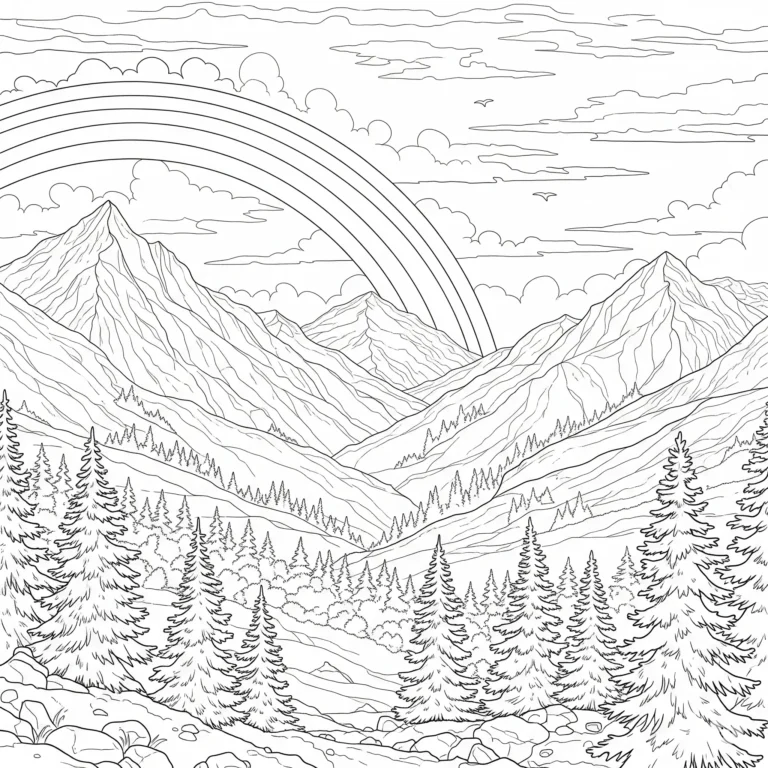 Ein weiter Regenbogen spannt sich über eine Berglandschaft mit Hügeln und Bäumen – ruhiges Ausmalbild zum Ausdrucken für Kinder oder Erwachsene