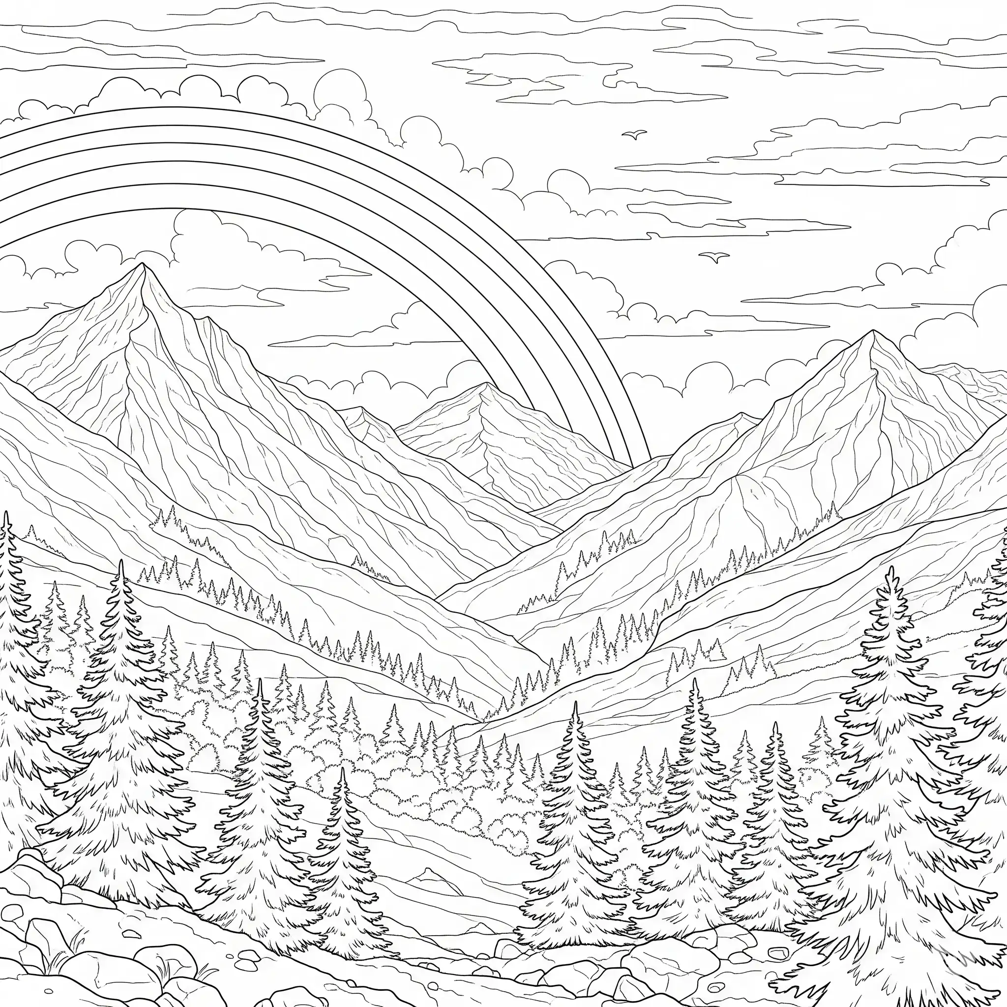 Ein weiter Regenbogen spannt sich über eine Berglandschaft mit Hügeln und Bäumen – ruhiges Ausmalbild zum Ausdrucken für Kinder oder Erwachsene