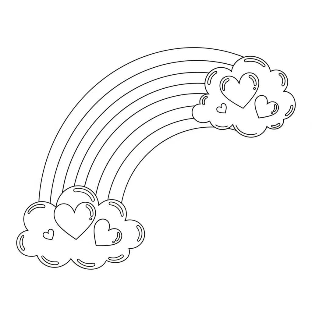 Ein bunter Regenbogen mit Wolken in Herzform - liebevoll gestaltetes Ausmalbild für Kinder zum Ausdrucken als PDF