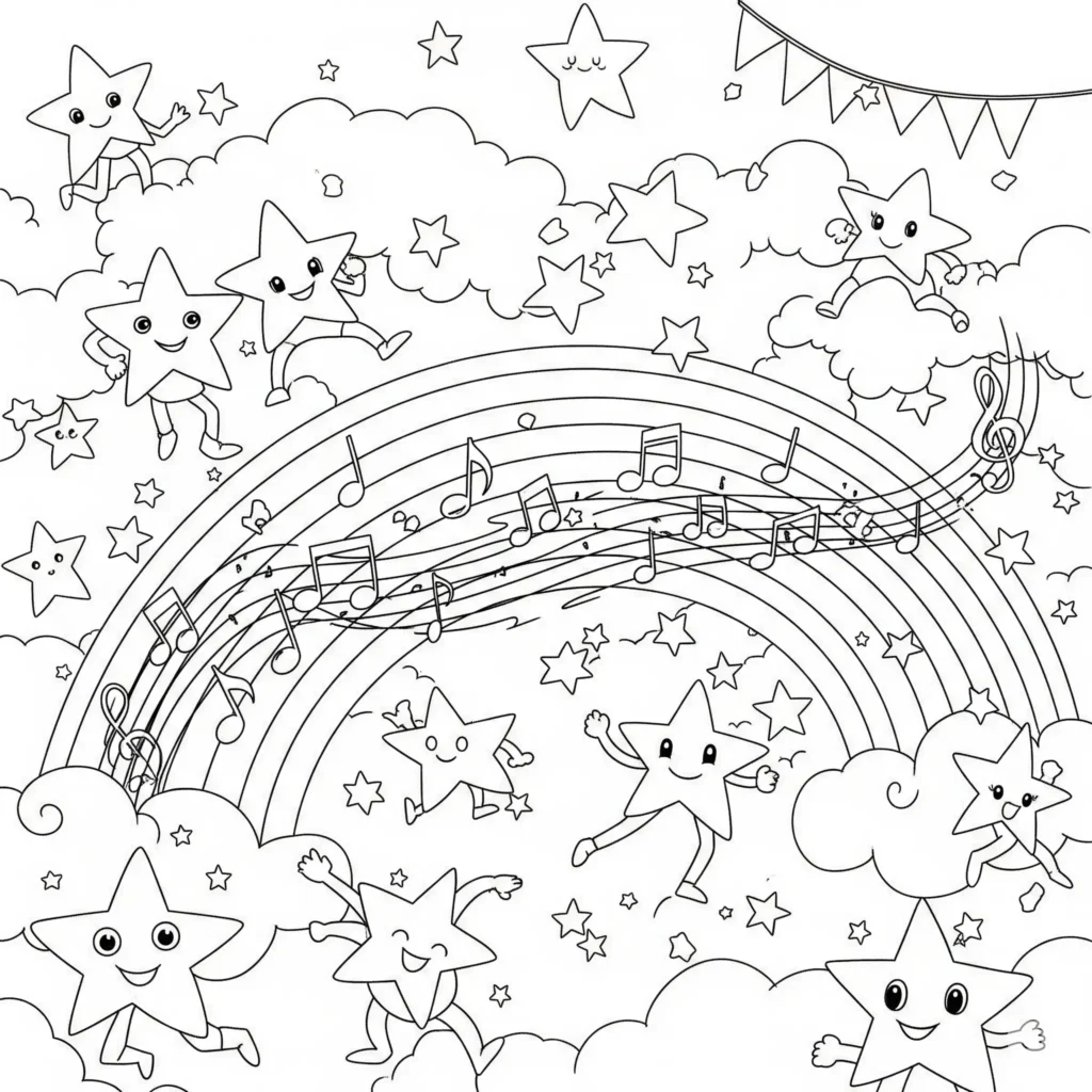Ein bunter Regenbogen mit tanzenden Sternen und schwebenden Musiknoten – fantasievolles Ausmalbild zum Ausdrucken für kreative Kinder