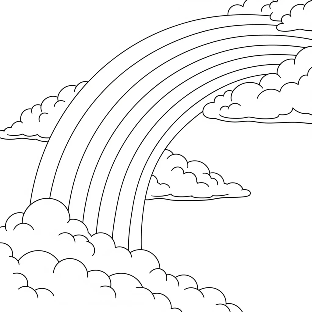 Ein weiter Regenbogen wölbt sich über einem Himmel mit dichten Wolken – ideal als Ausmalbild für Kinder oder Erwachsene zum Ausdrucken