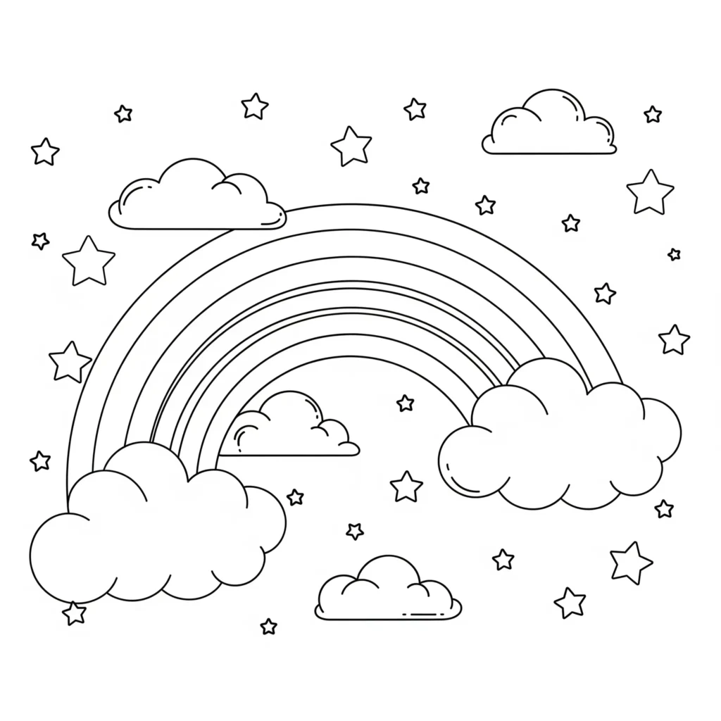 Ein Regenbogen zieht sich über den Himmel mit schwebenden Sternen und weichen Wolken – ein märchenhaftes Ausmalbild zum Ausdrucken für Kinder