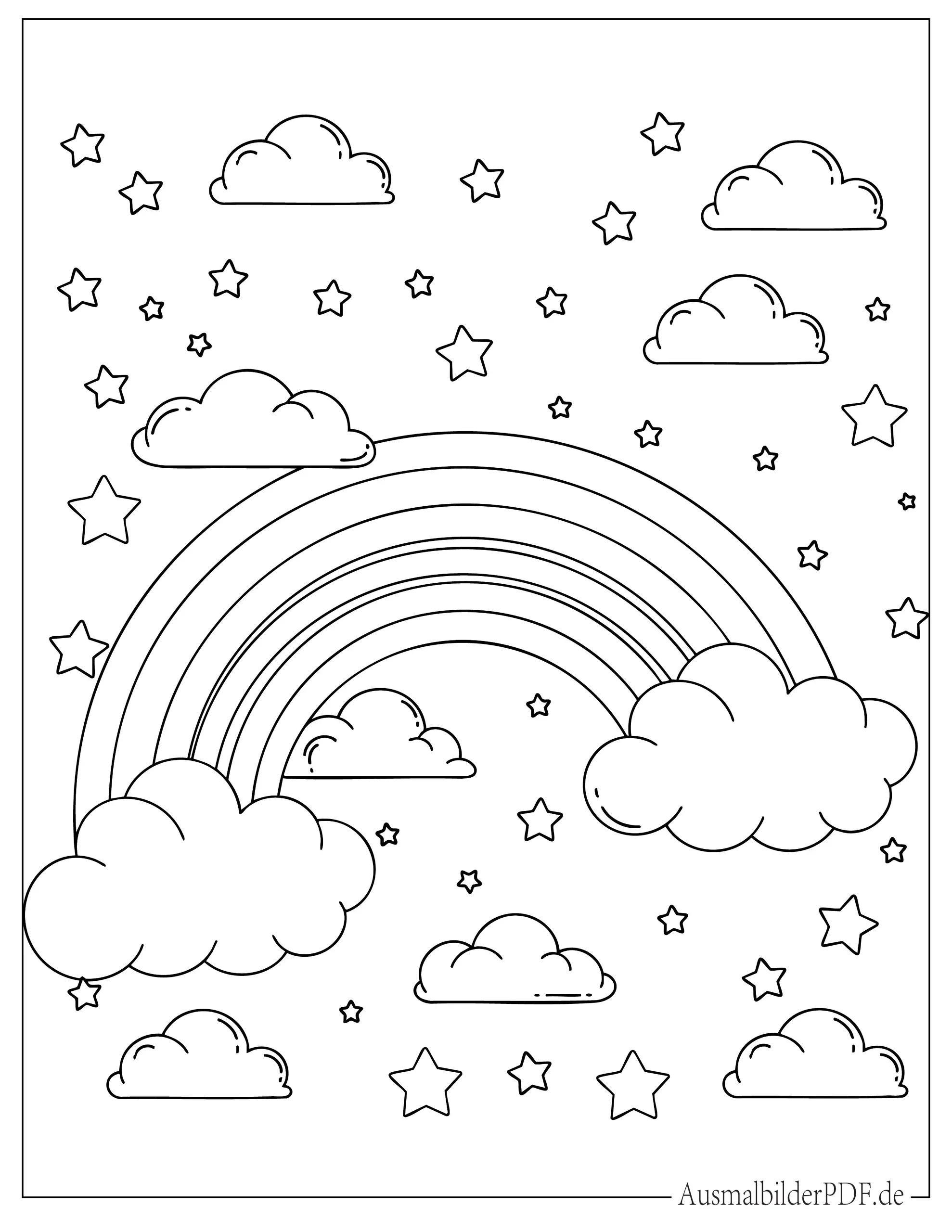 20 Regenbogen Ausmalbilder (Gratis Malvorlagen zum drucken) Regenbogen mit Wolken und Sternen Ausmalbild für Kinder