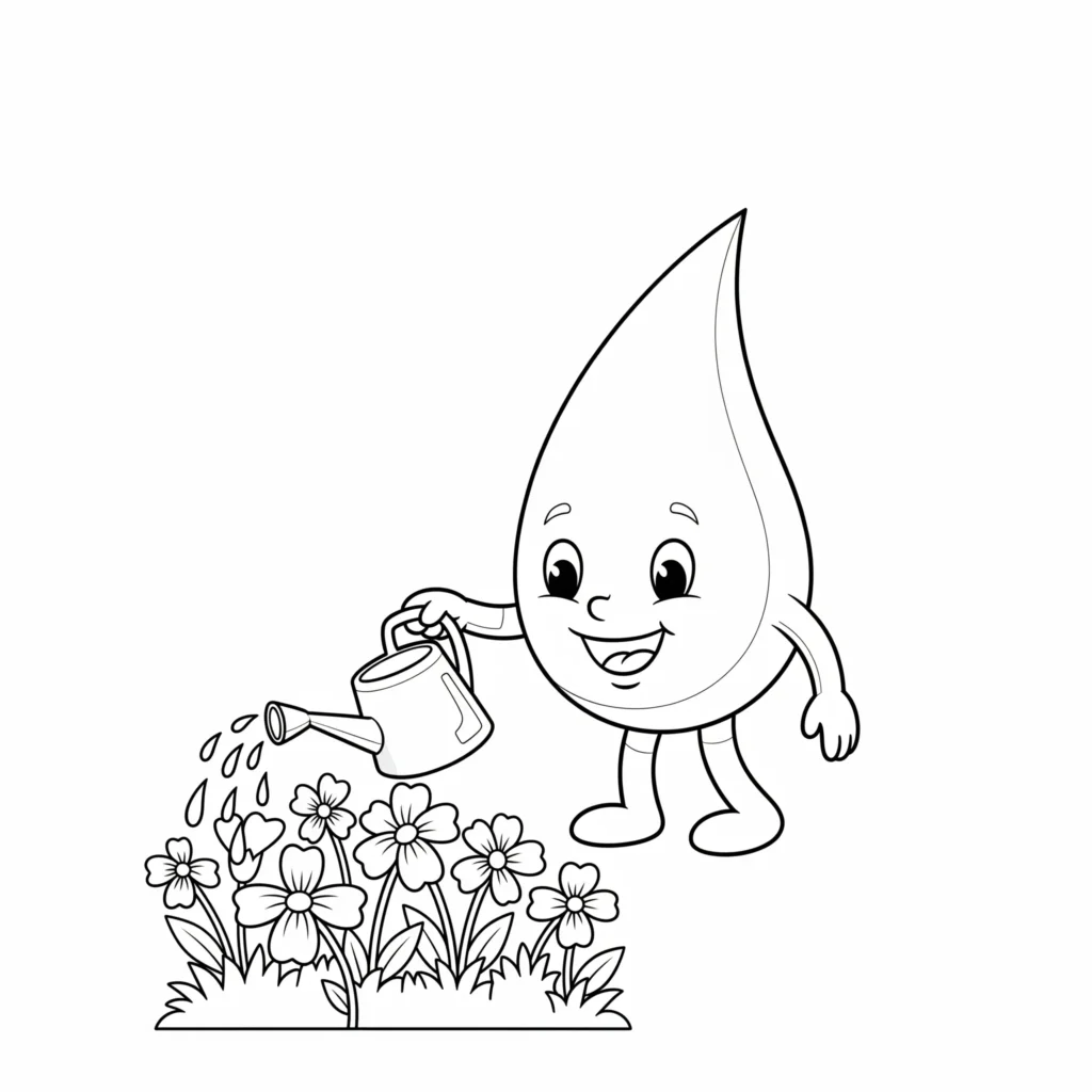 Ausmalbild zeigt einen fröhlichen Cartoon-Regentropfen, der mit einer Gießkanne den Garten im Frühling bewässert, ideal für Kinder zum Ausmalen