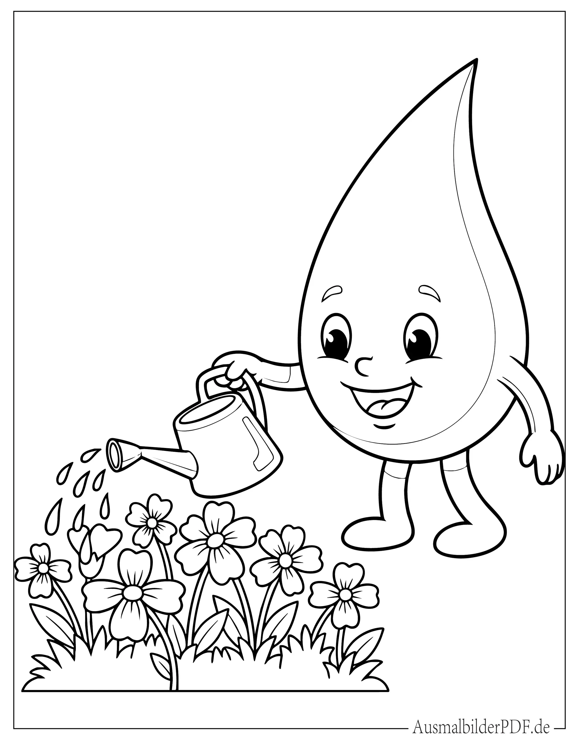 Cartoon Regentropfen gießt einen Garten Malvorlage für Kinder