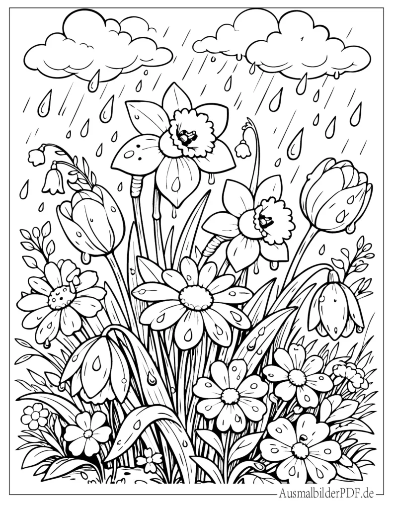 Ausmalbild von Frühlingsblumen im Regen mit fallenden Tropfen, ideal zum Ausmalen für Kinder