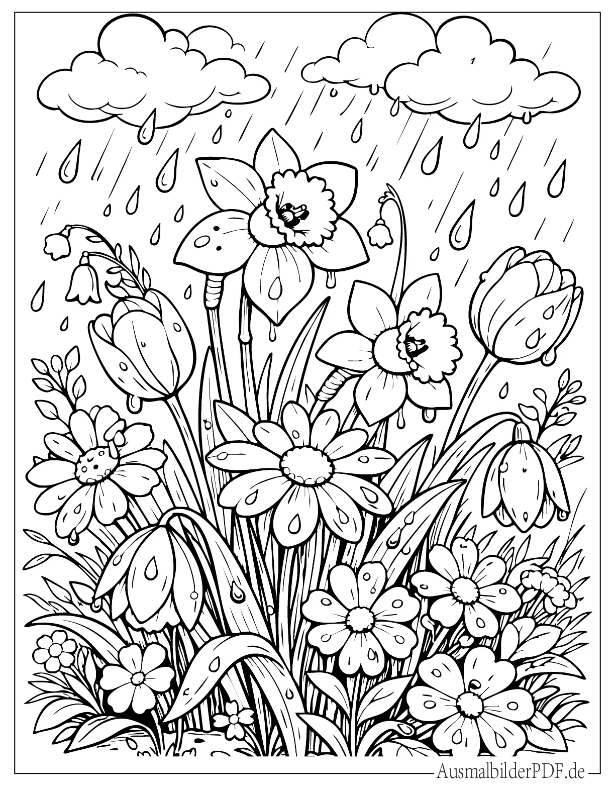 Blumen mit fallenden Regentropfen zum Ausmalen