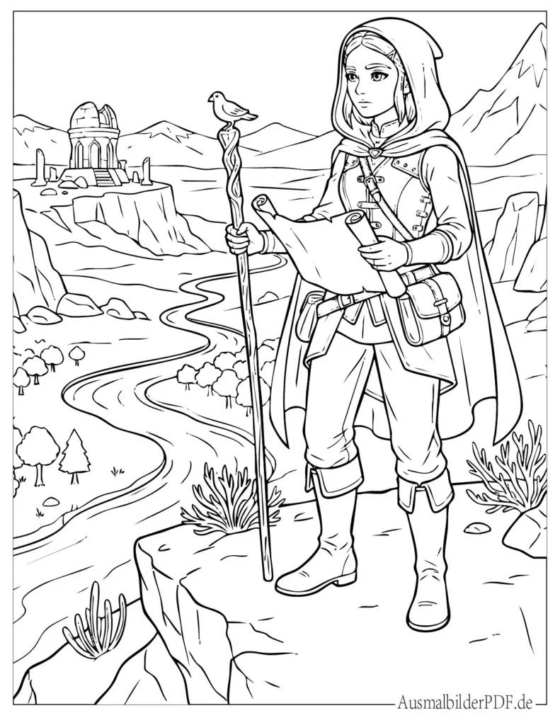 Ausmalbild von Prinzessin Zelda auf Reisen, ideal für Kinder zum Ausmalen und kreativen Gestalten