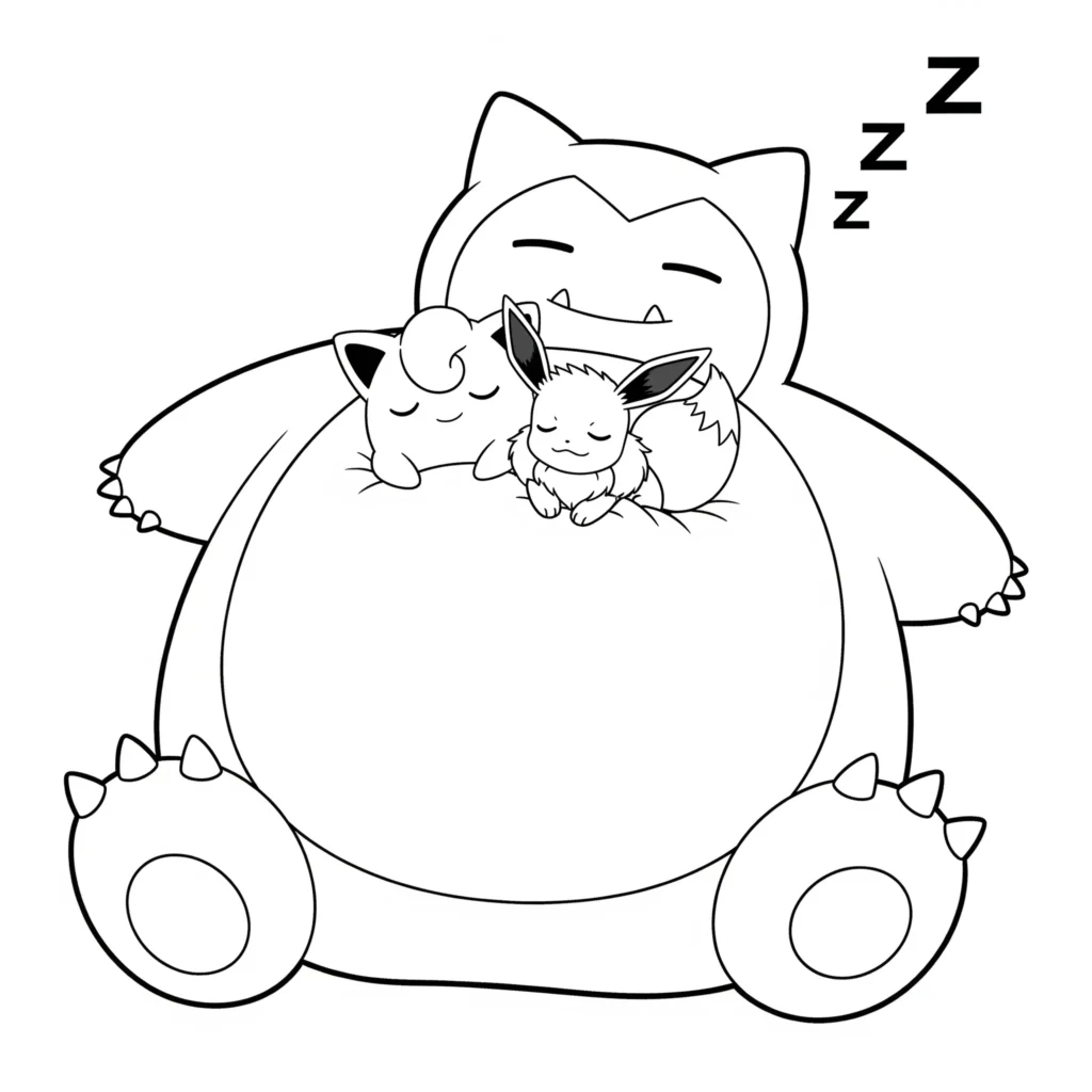 Relaxo Ausmalbilder (Gratis Pokémon Malvorlage zum drucken) Relaxo als Kissen für andere Pokémon Ausmalbild zum Ausdrucken und Ausmalen für Kinder und Erwachsene