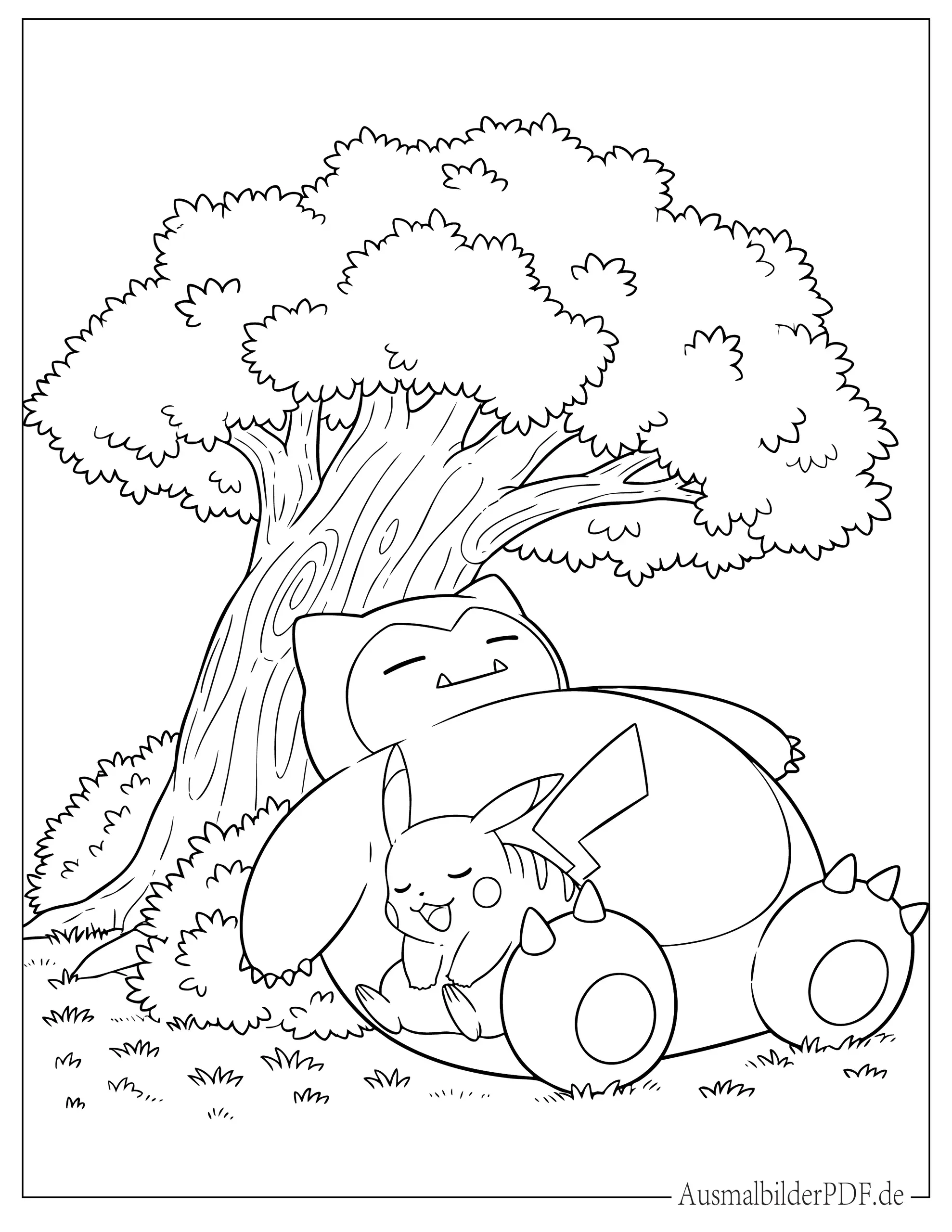 10+ Kostenlos Pokémon Relaxo Ausmalbilder zum Ausdrucken Pokemon Relaxo und Pikachu schlafen zusammen unter Baum Ausmalbild