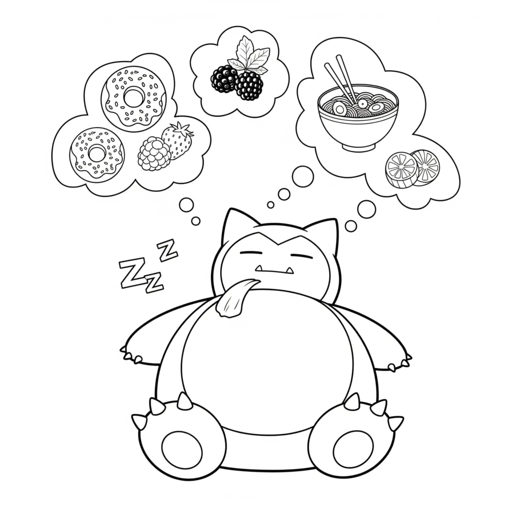 Relaxo Ausmalbilder (Gratis Pokémon Malvorlage zum drucken) Relaxo träumt von leckerem Essen Ausmalbild zum Ausdrucken und Ausmalen für Kinder und Erwachsene