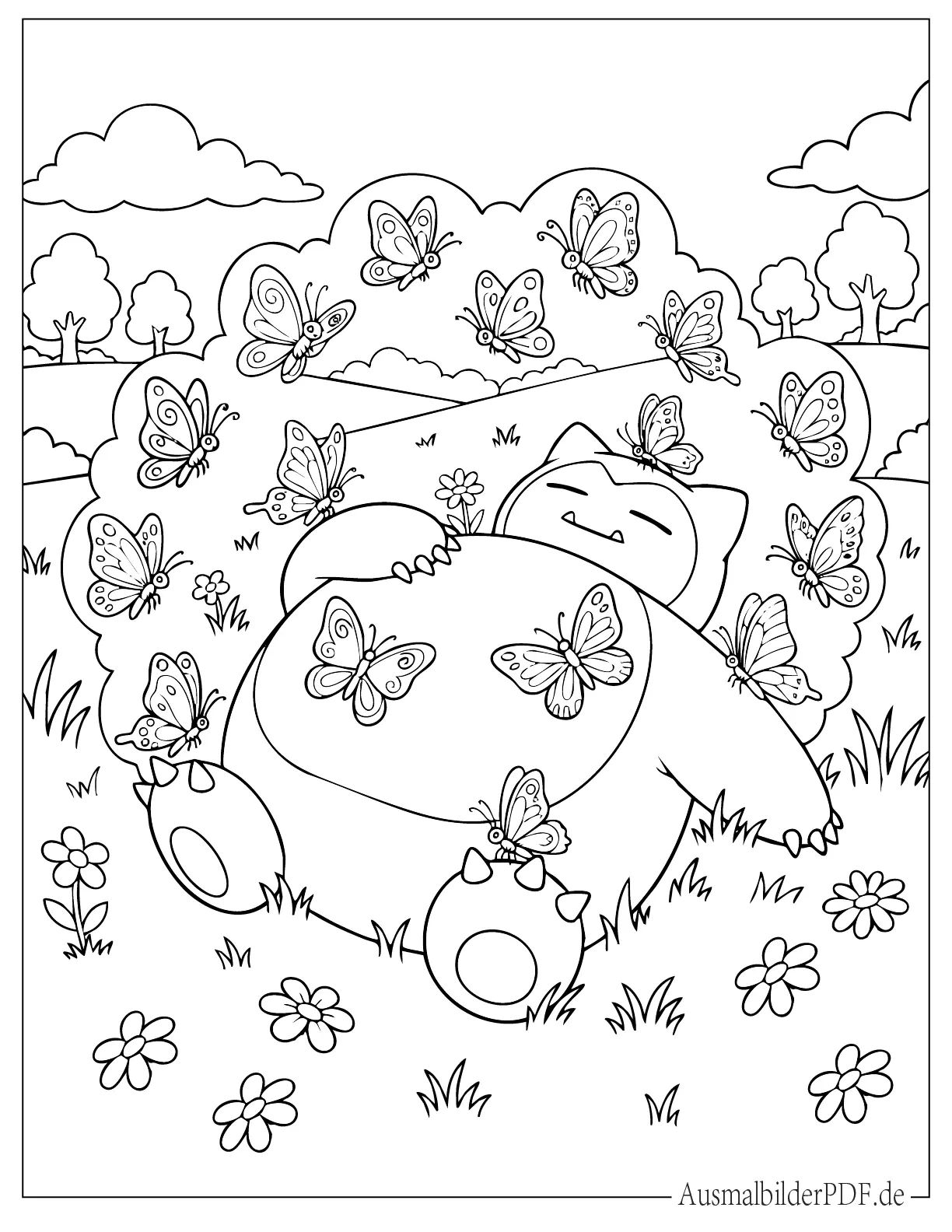 10+ Kostenlos Pokémon Relaxo Ausmalbilder zum Ausdrucken Relaxo umgeben von Schmetterlingen während des Schlafens zum Ausmalen