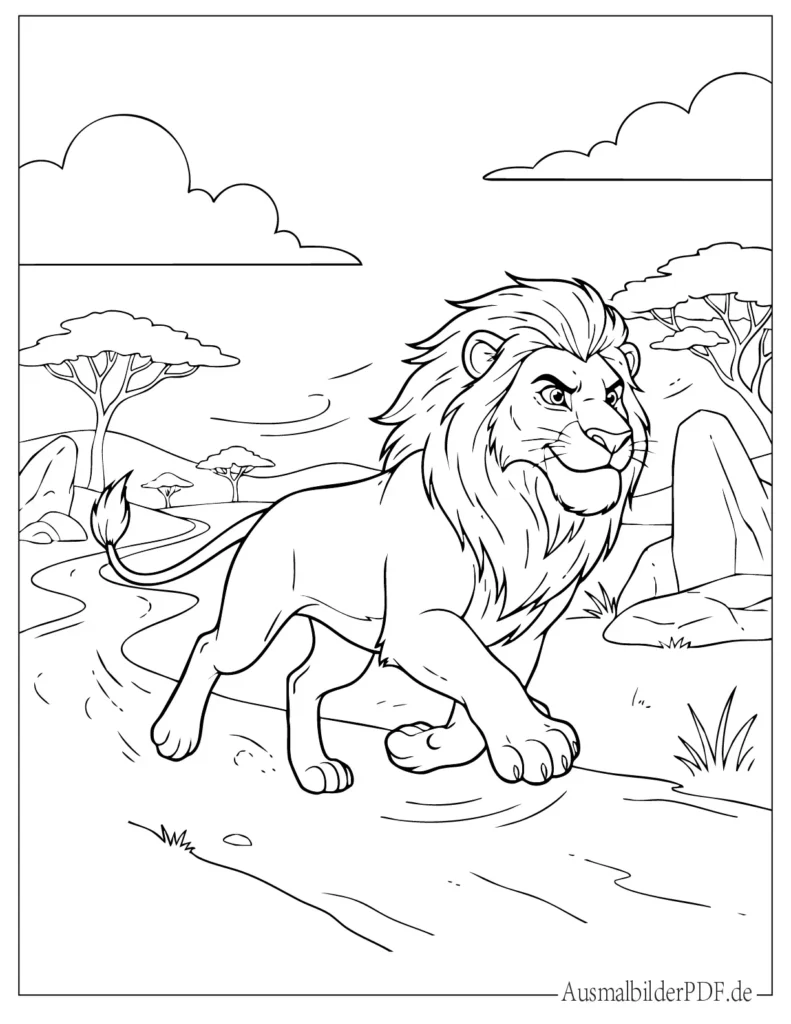 Malvorlage eines laufenden Cartoon Löwen, ideal für Kinder zum Ausmalen, Spaß haben und kreative Gestaltung zuhause