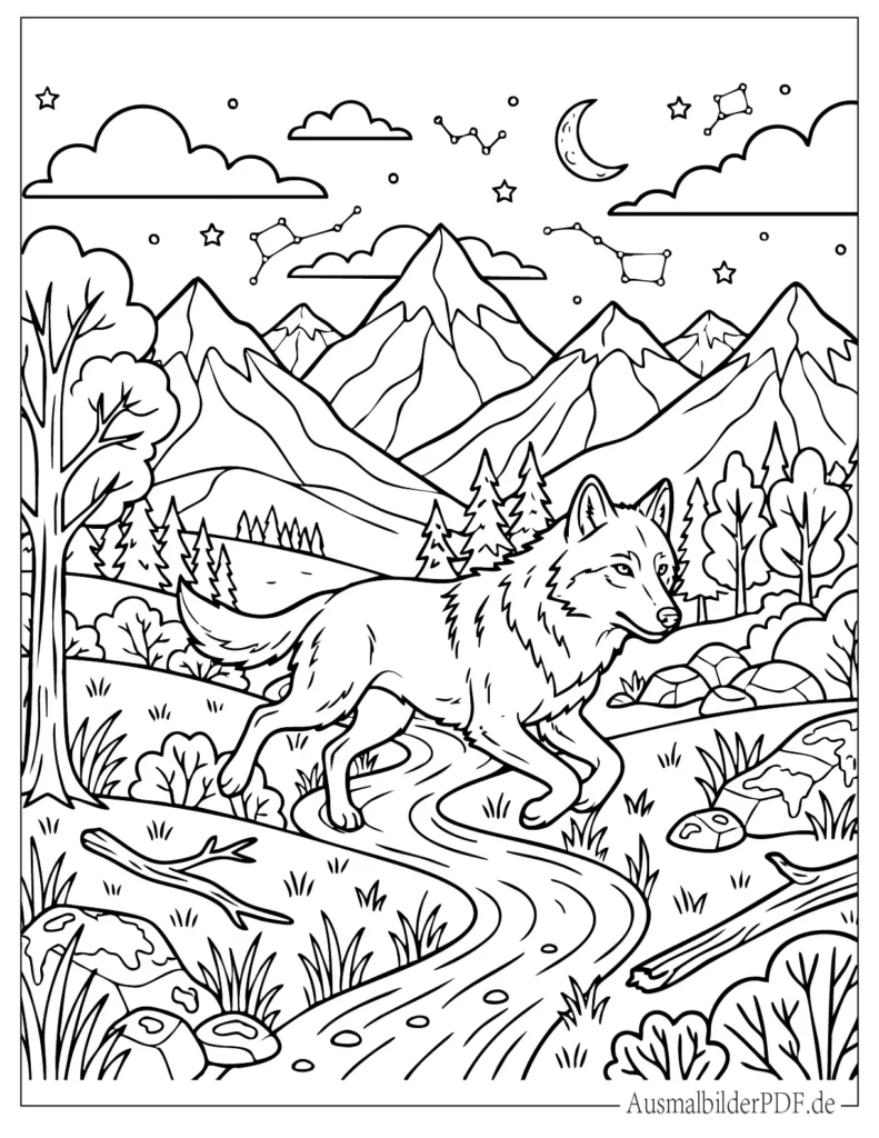 Ausmalbild eines laufenden Wolfes in Bewegung, ideal zum Ausdrucken und Ausmalen für Kinder und Tierliebhaber