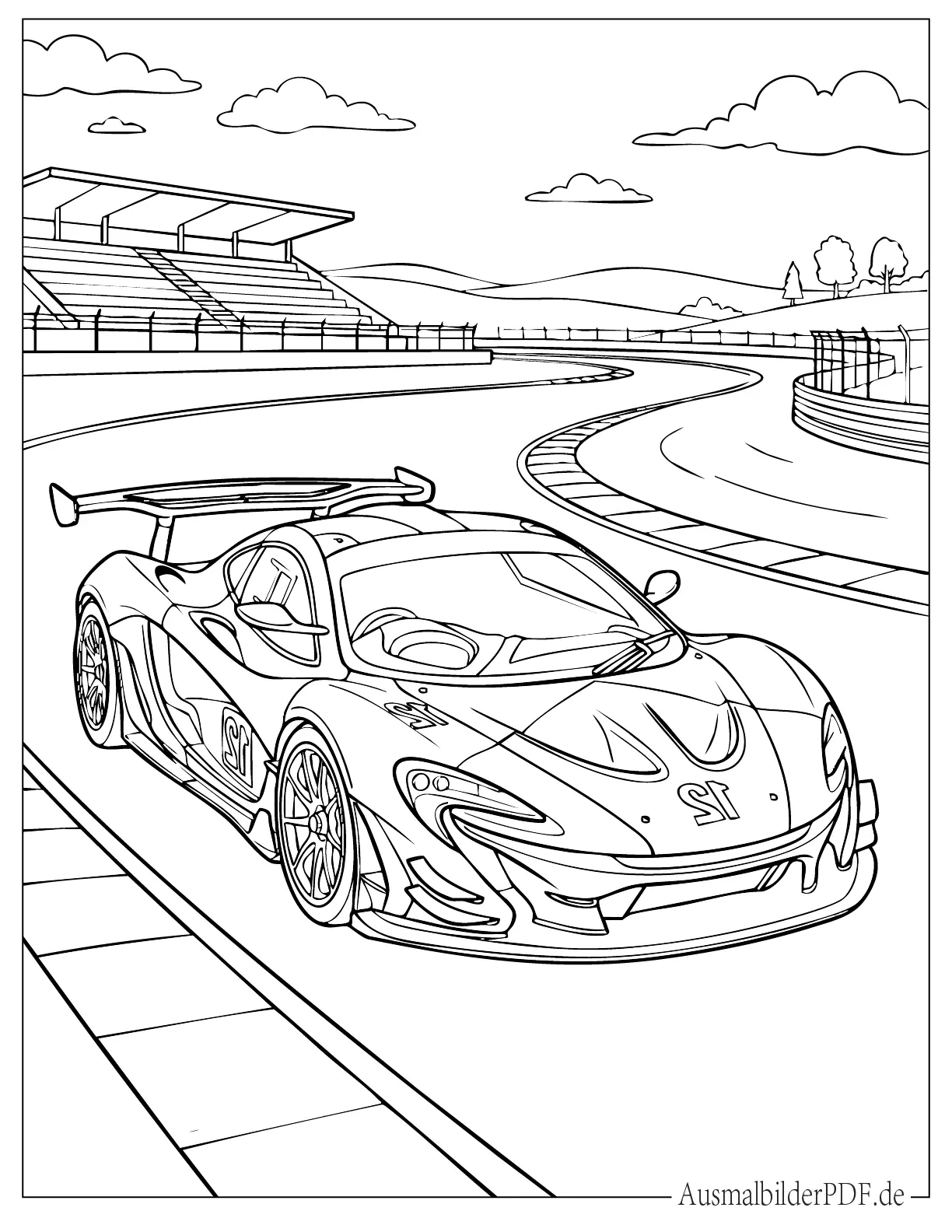 10+ McLaren Ausmalbilder (Gratis Malvorlagen zum Ausdrucken) Rennwagen McLaren P1 GTR auf der Rennstrecke Ausmalbild