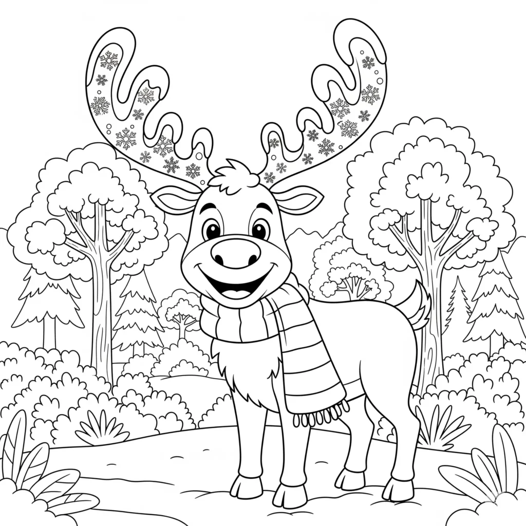 20+ Ausmalbilder Winter (Kostenlos Malvorlage zum Ausdrucken) Ausmalbild mit einem Rentier im verschneiten Wald, das einen warmen Schal trägt. Eine charmante Wintervorlage zum Ausmalen und Ausdrucken.