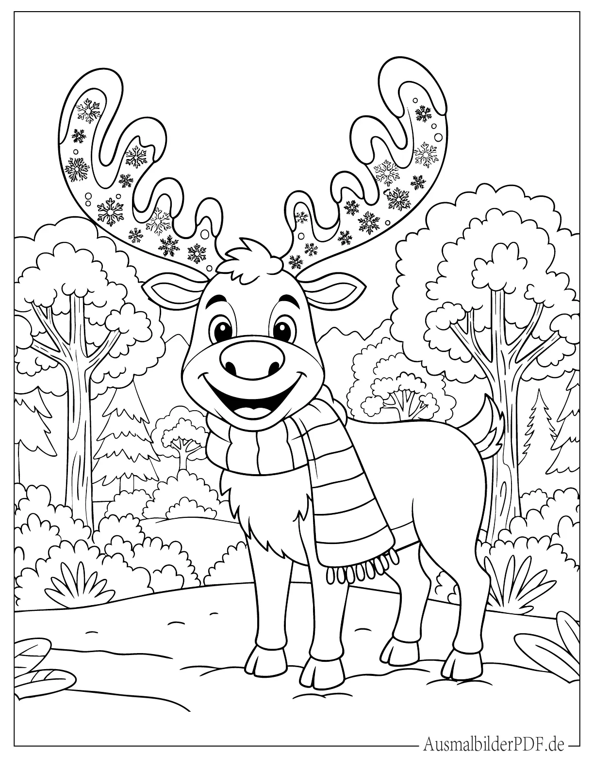 Cartoon Rentier trägt einen Schal im Wald Ausmalbild