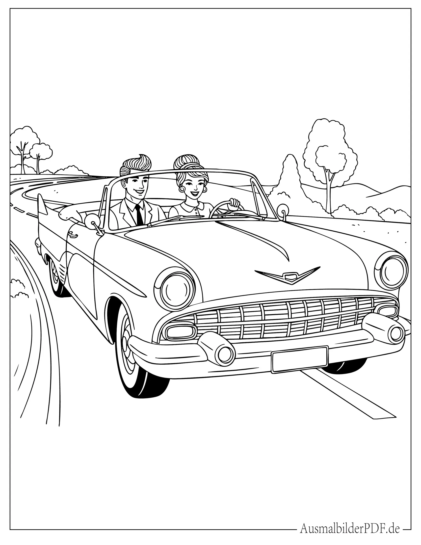 Retro Cabrio mit Paar cruist Ausmalbild