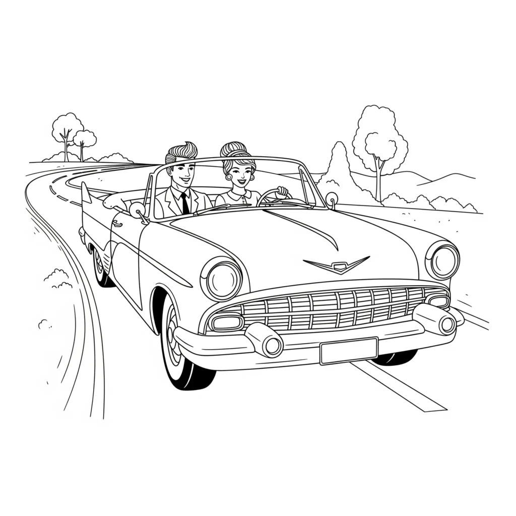 Oldtimer Ausmalbilder (Kostenlos Malvorlage zum Ausdrucken) Retro Cabrio mit Paar unterwegs zeigt ein offenes Auto auf entspannter Fahrt als Ausmalbild für Kinder und Erwachsene