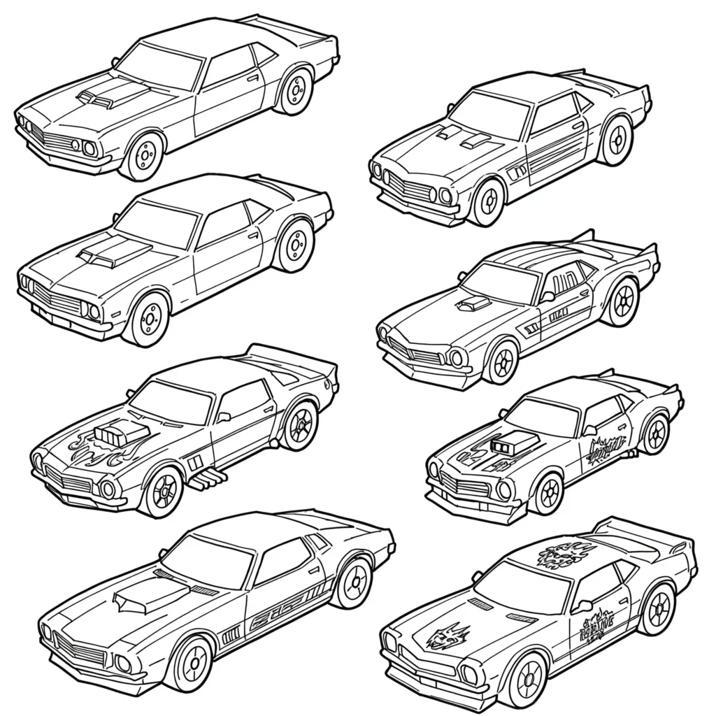 Kostenloses Hot Wheels Retro 1968 Ausmalbild als PDF. Perfekt für Kinder, die klassische Autos ausmalen möchten.