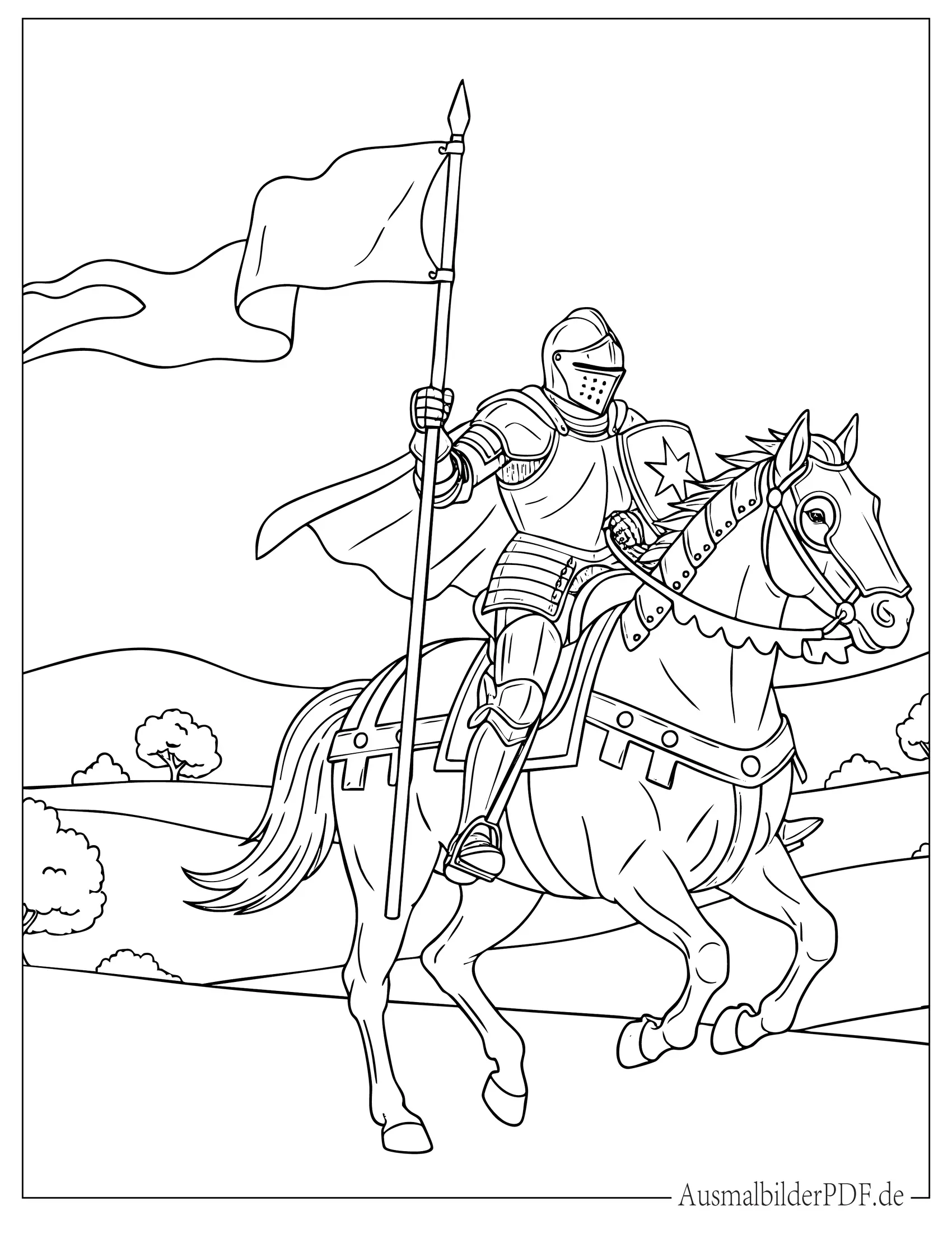 Gepanzerter Ritter auf einem Pferd hält Flagge Ausmalvorlage