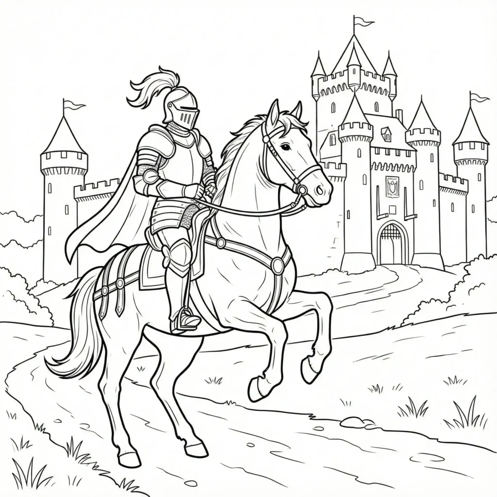 Schloss Ausmalbilder (Kostenlos Malvorlage zum Ausdrucken) Schwarz-weißes Ausmalbild eines Ritters auf einem Pferd vor einer mittelalterlichen Burg, detaillierte Malvorlage für Kinder