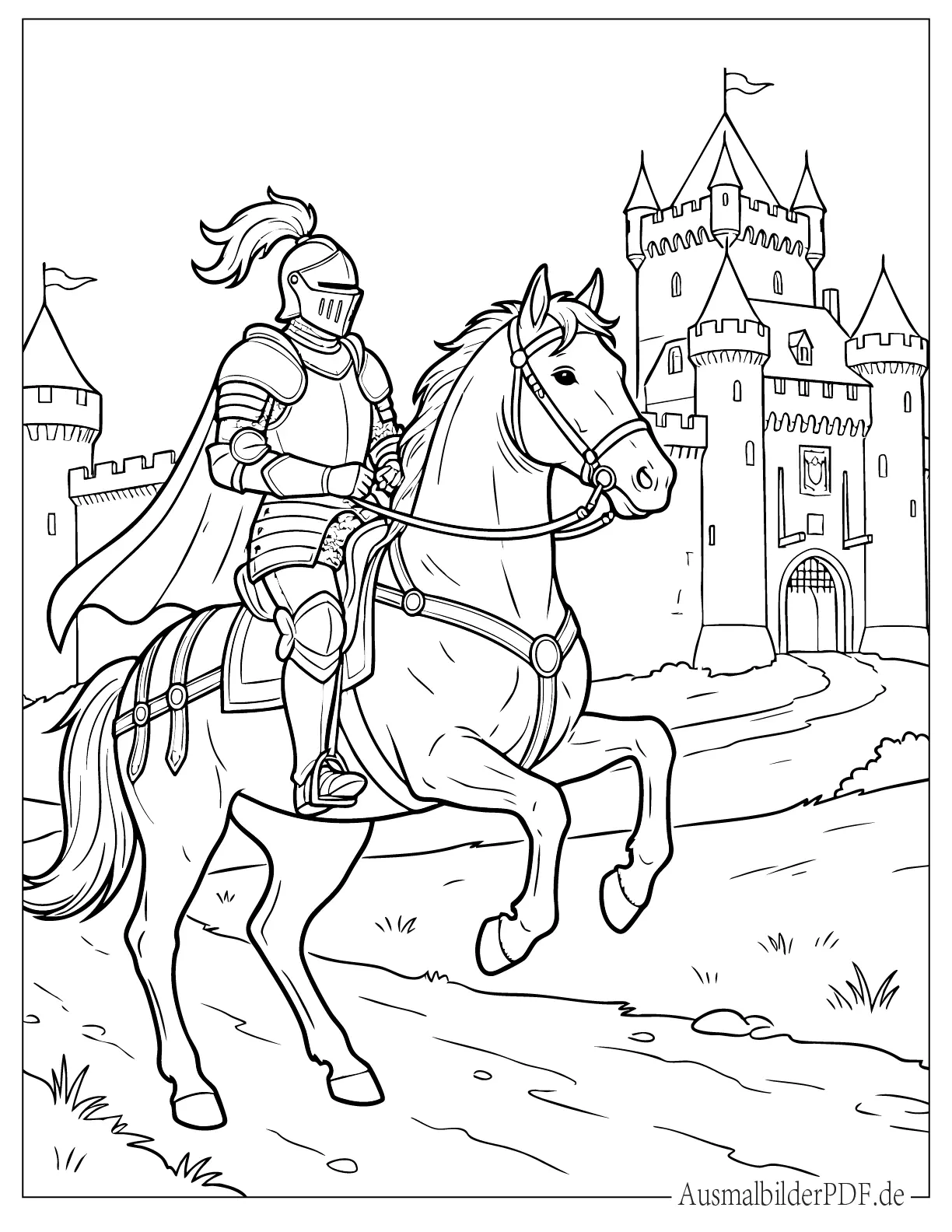 Ritter auf einem Pferd reitet zu einem Schloss Ausmalbild