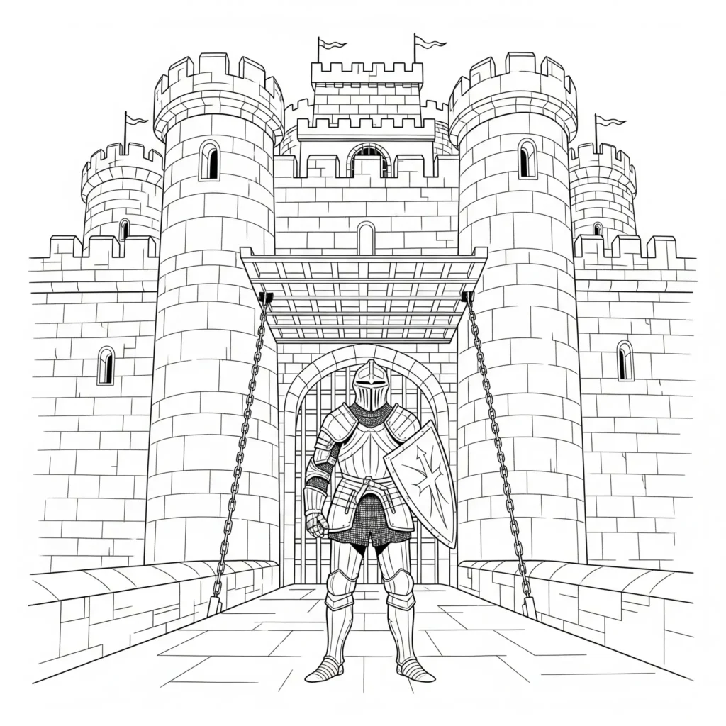 Ritter am Burgtor Ausmalbild für kinder zum ausdrucken als pdf kostenlos