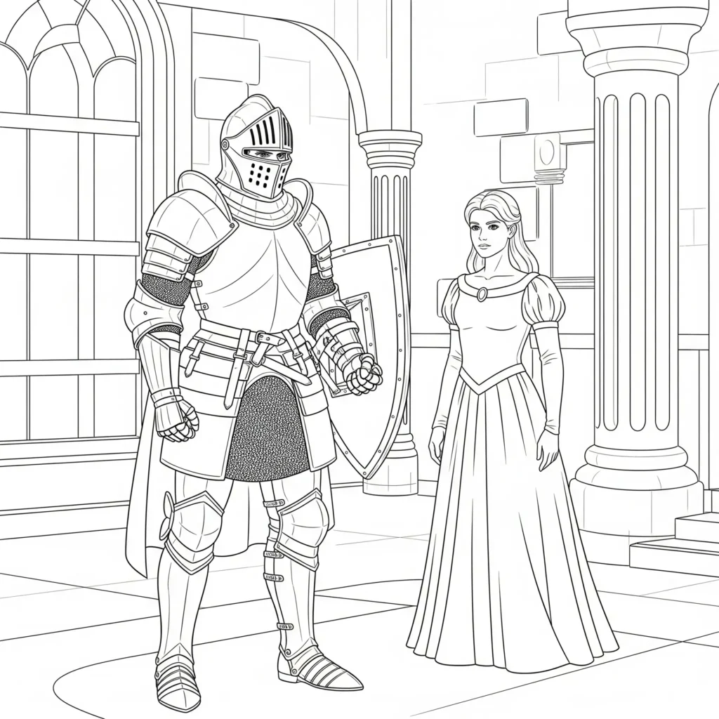ritter mit prinzessin ausmalbild beschuetzer szene als pdf kostenlos zum ausdrucken für kinder